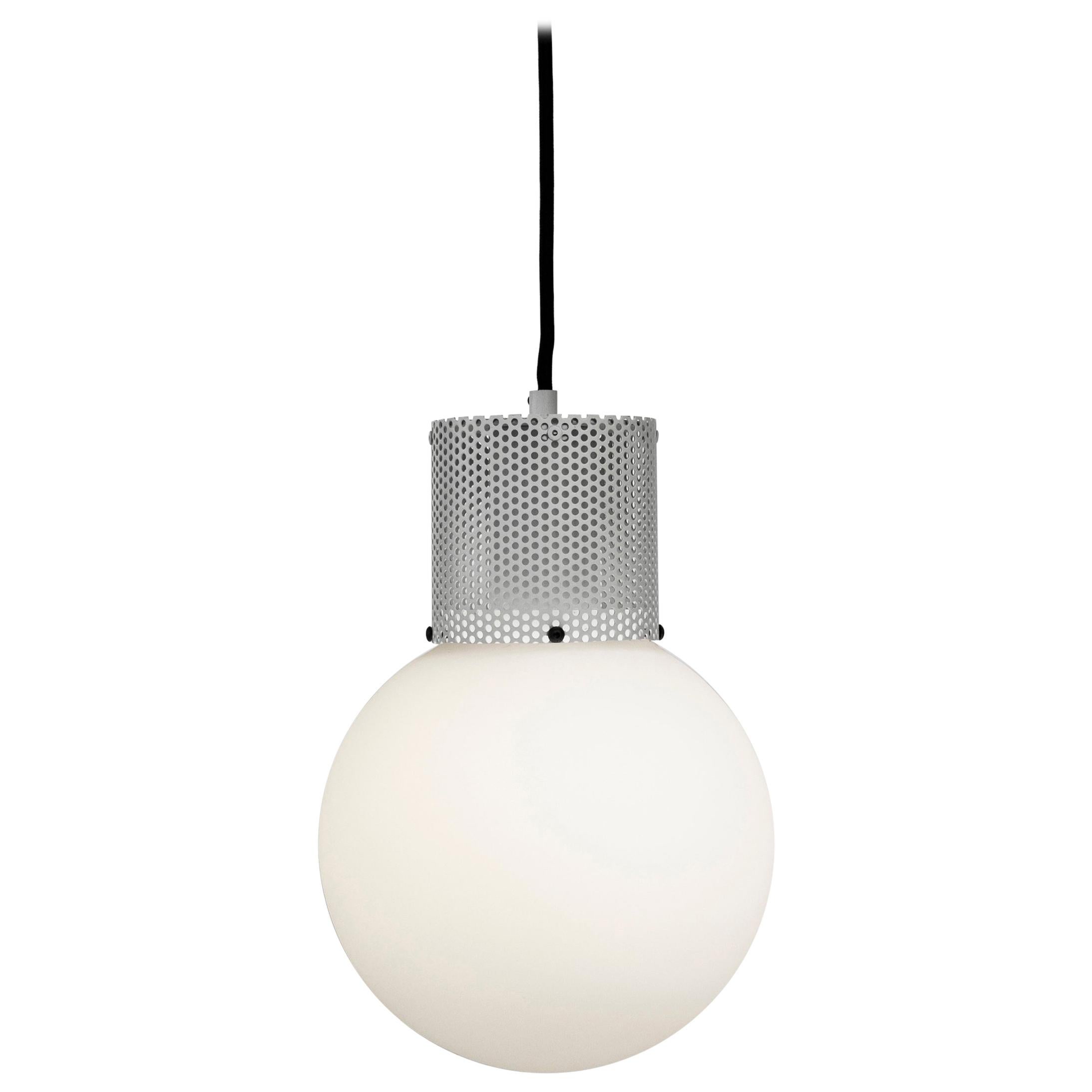 Perf Pendant Light, Medium Off-White Perforated Tube, Glass Round Orb Shade