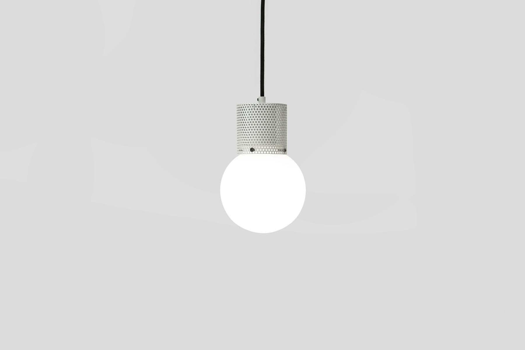 Perf Pendant Light Small-Black Perforated Tube, Glass Round Orb Shade In New Condition For Sale In Broadmeadows, Victoria