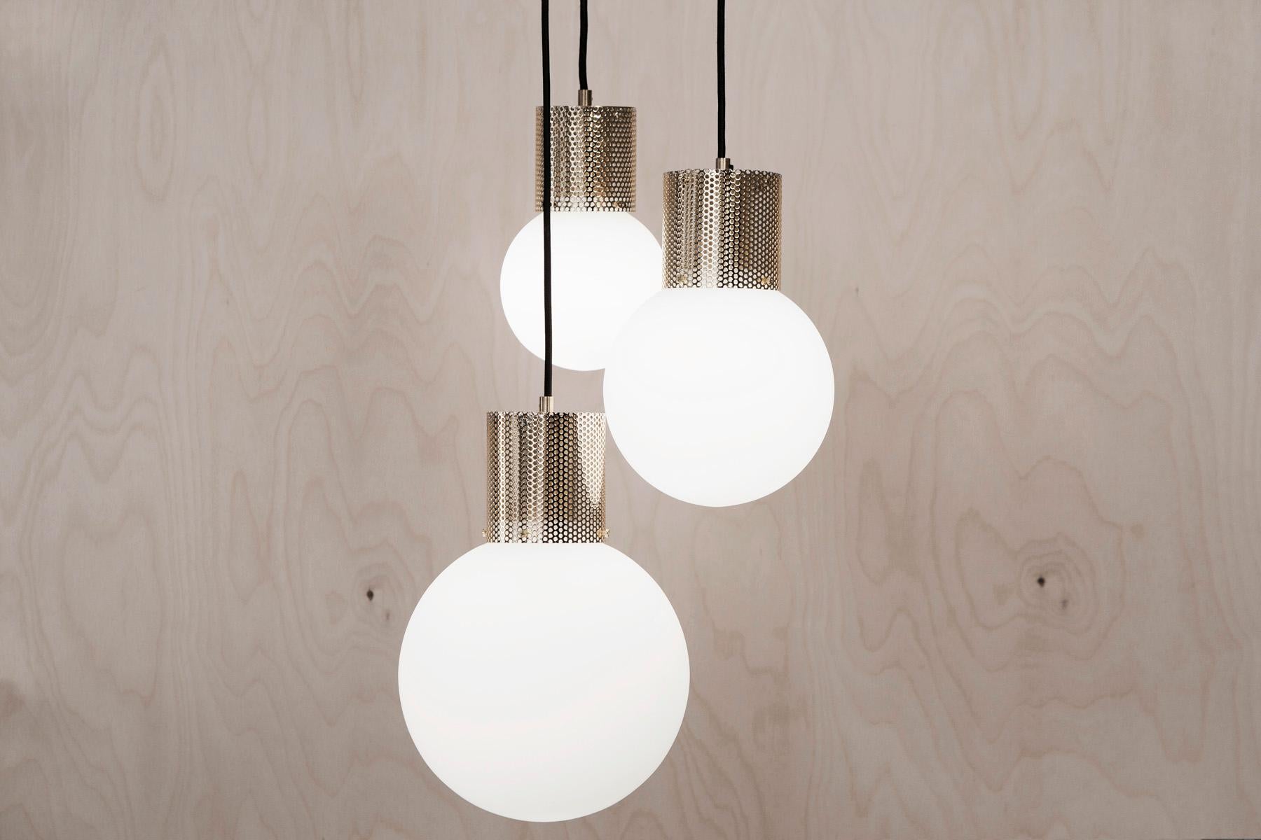 Contemporary Perf Pendant Light, Small- Brass Perforated Tube, Glass Round Orb Shade For Sale