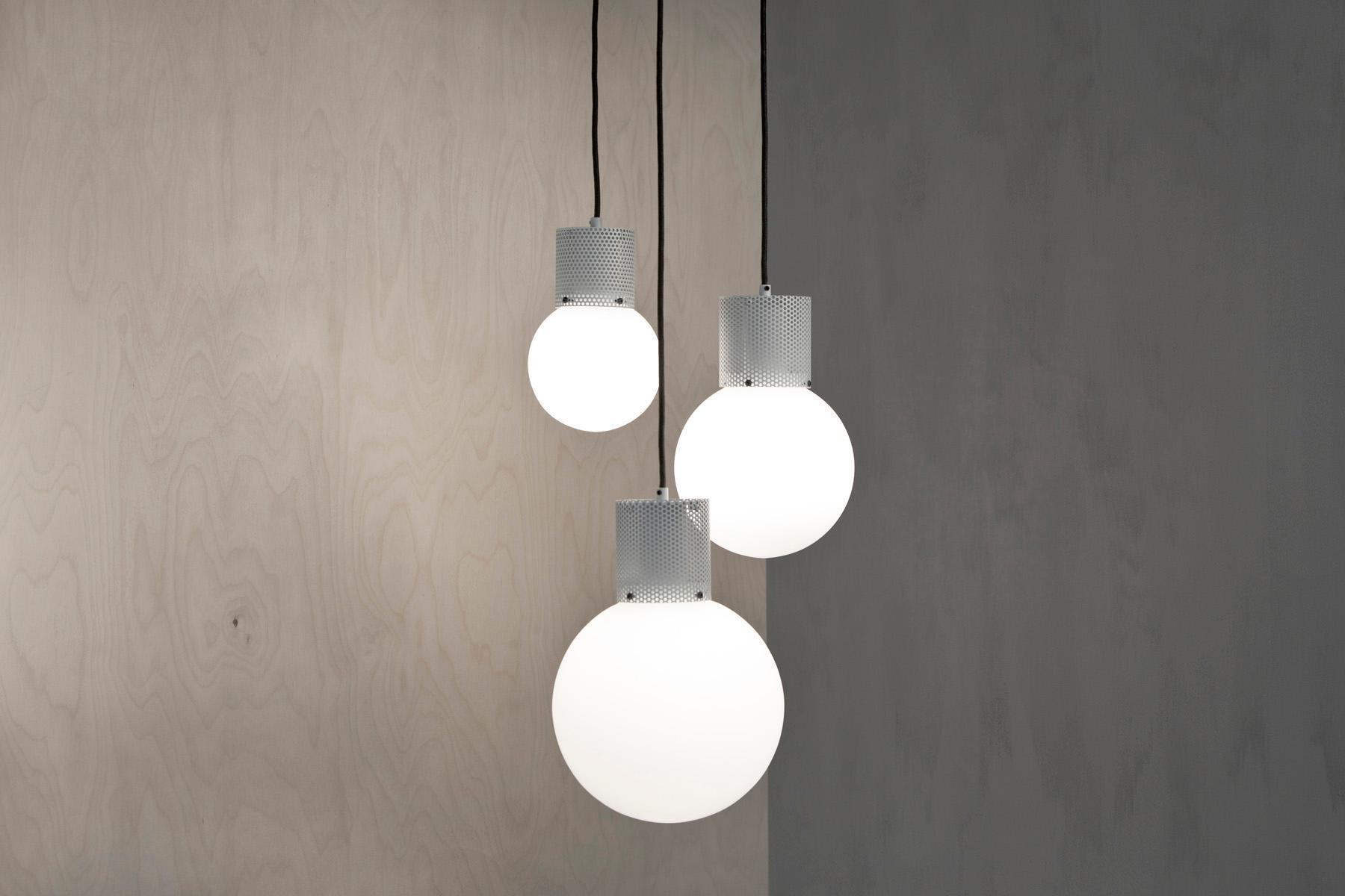 Modern Perf Pendant Light Small Off-White Perforated Tube, Glass Round Orb Shade For Sale