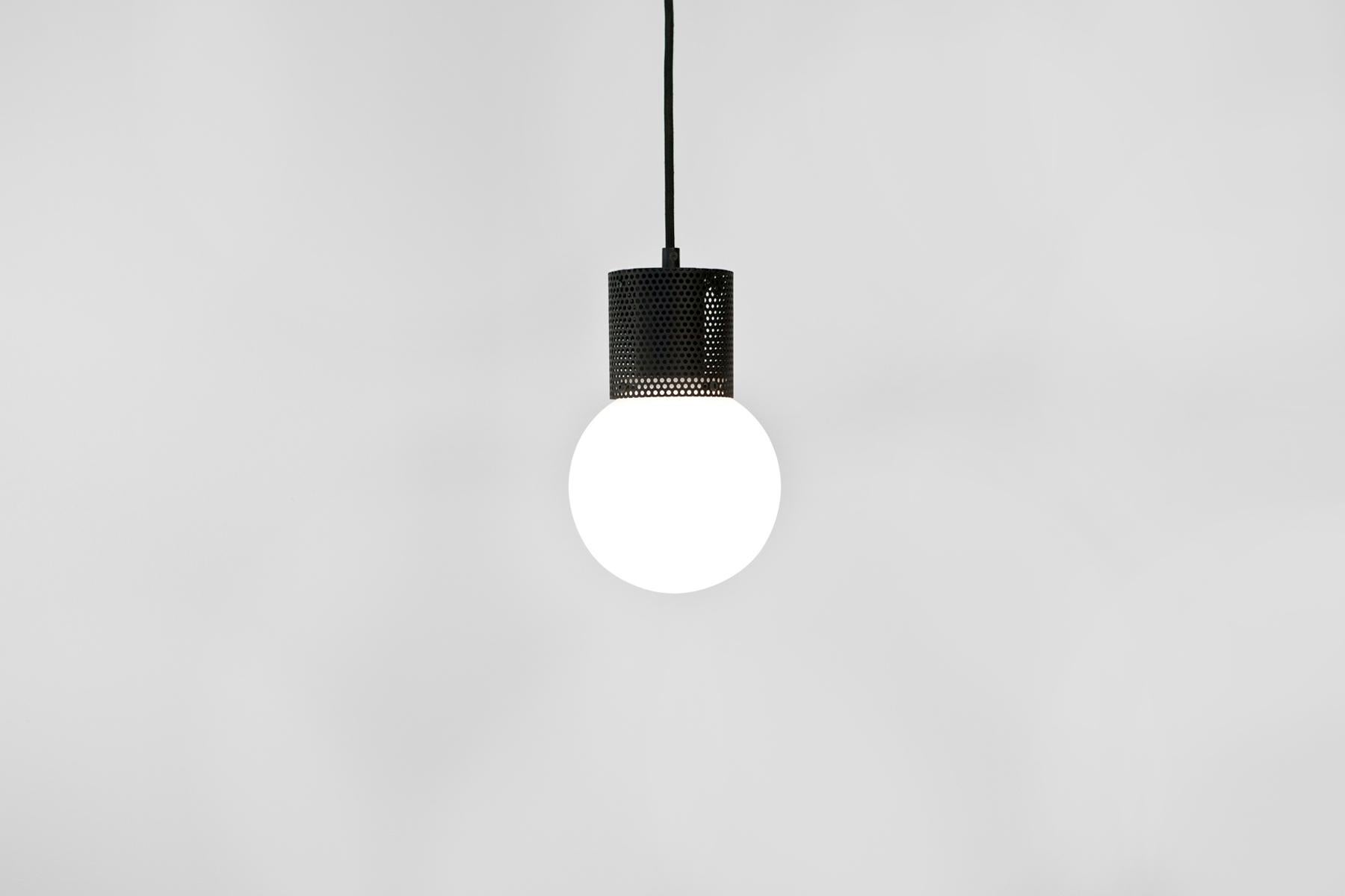 Contemporary Perf Pendant Light Small Off-White Perforated Tube, Glass Round Orb Shade For Sale