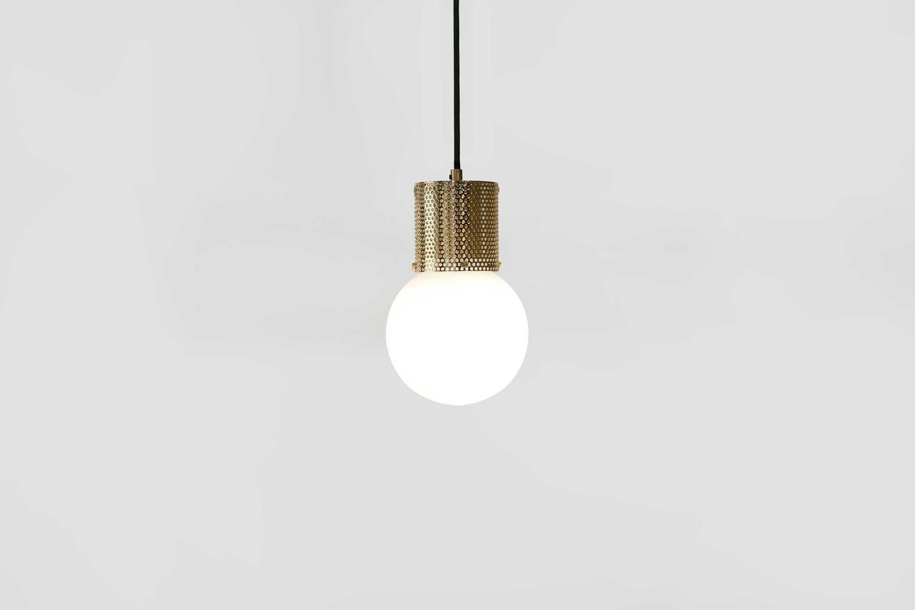 Paint Perf Pendant Light Small Off-White Perforated Tube, Glass Round Orb Shade For Sale