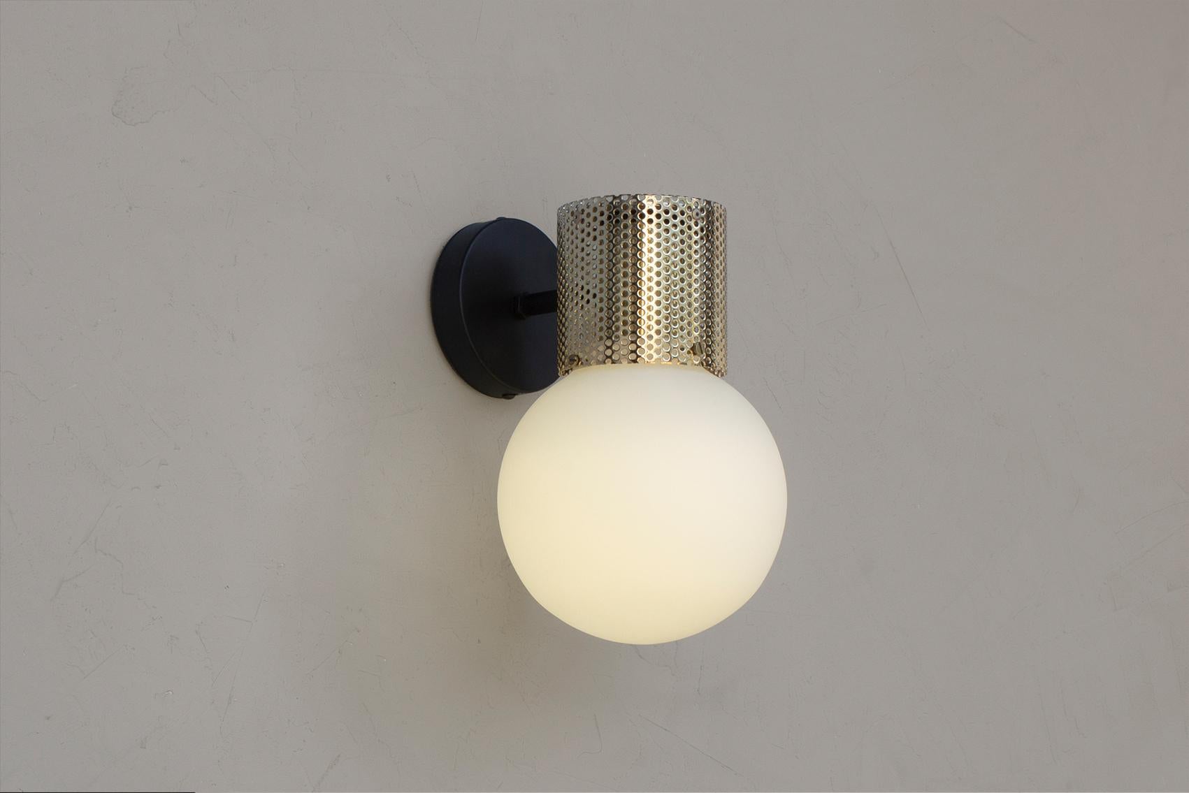 Contemporary Perf Wall Sconce, Black Perforated Tube, Glass Round Orb Shade For Sale