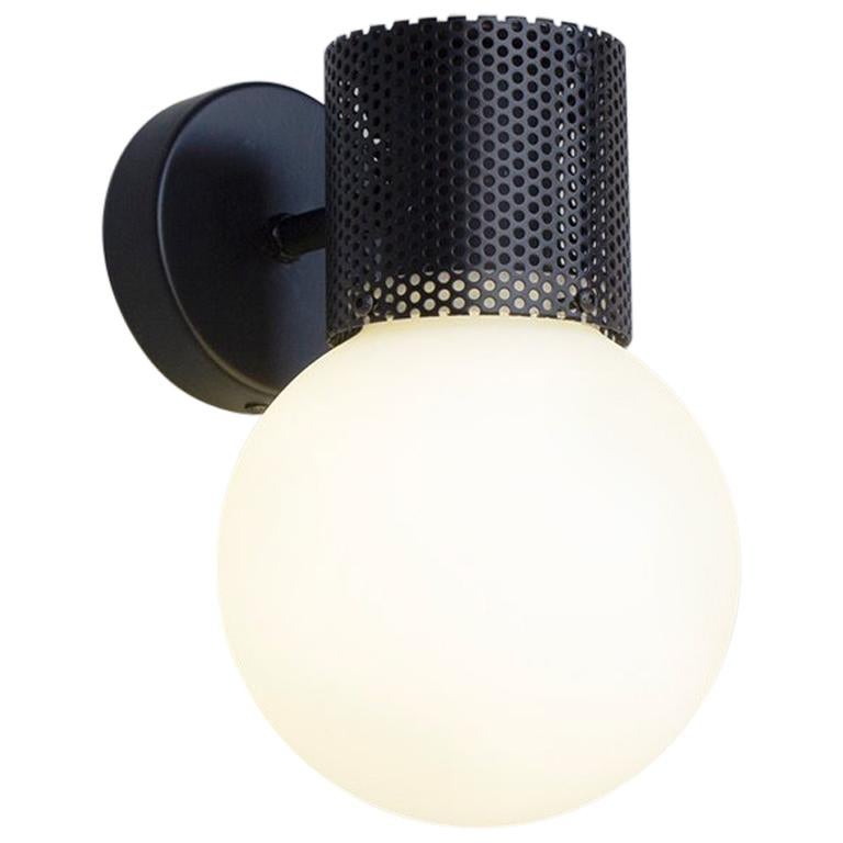 Perf Wall Sconce, Black Perforated Tube, Glass Round Orb Shade For Sale