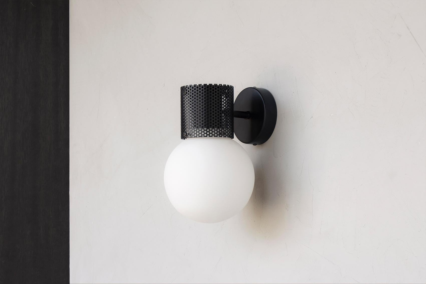 Perf Wall Sconce, Brass Perforated Tube, Glass Round Orb Shade For Sale 1