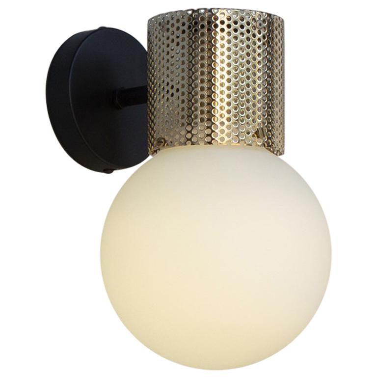 Perf Wall Sconce, Brass Perforated Tube, Glass Round Orb Shade For Sale