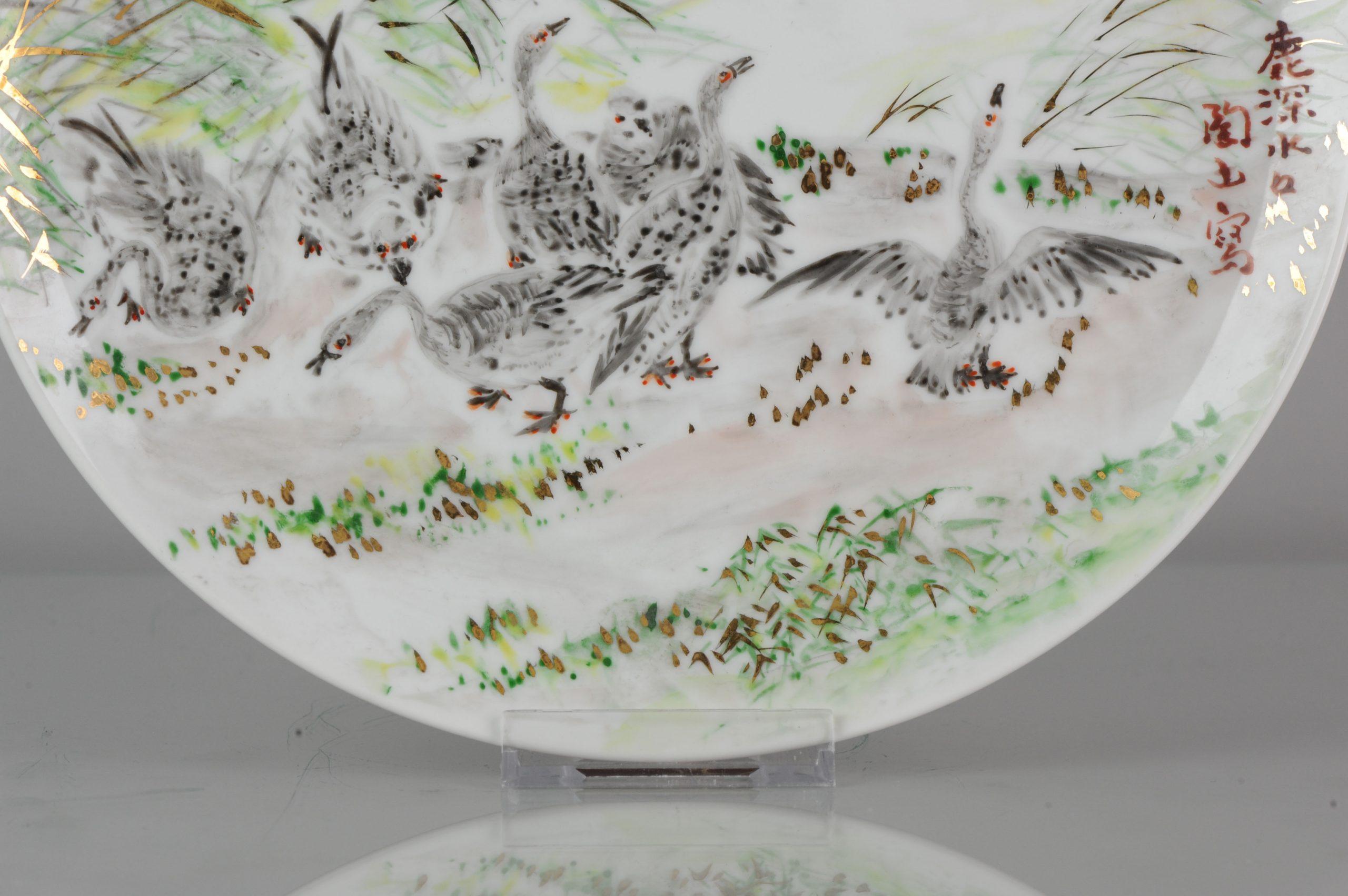 Perfect 20th-21st Century Japanese Porcelain Charger Birds Gooses in Landscape For Sale 9