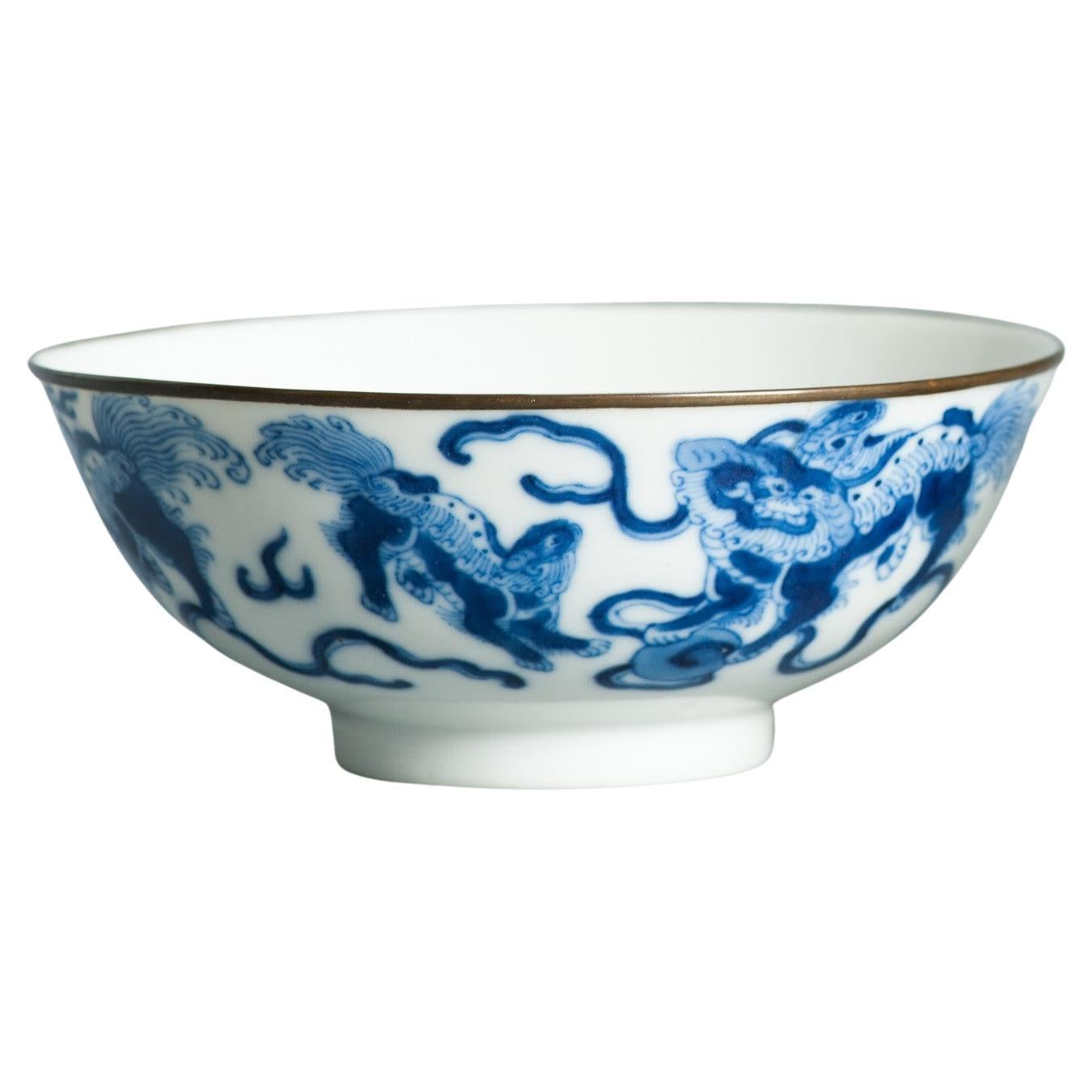 Perfect Antique Chinese Bleu de Hue Bowl Foo Lions Marked Qing Porcelain