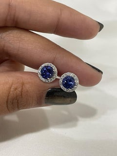 Perfect Blue 1.75 Ct Tanzanite and Diamond Stud Earrings in 18K White Gold
