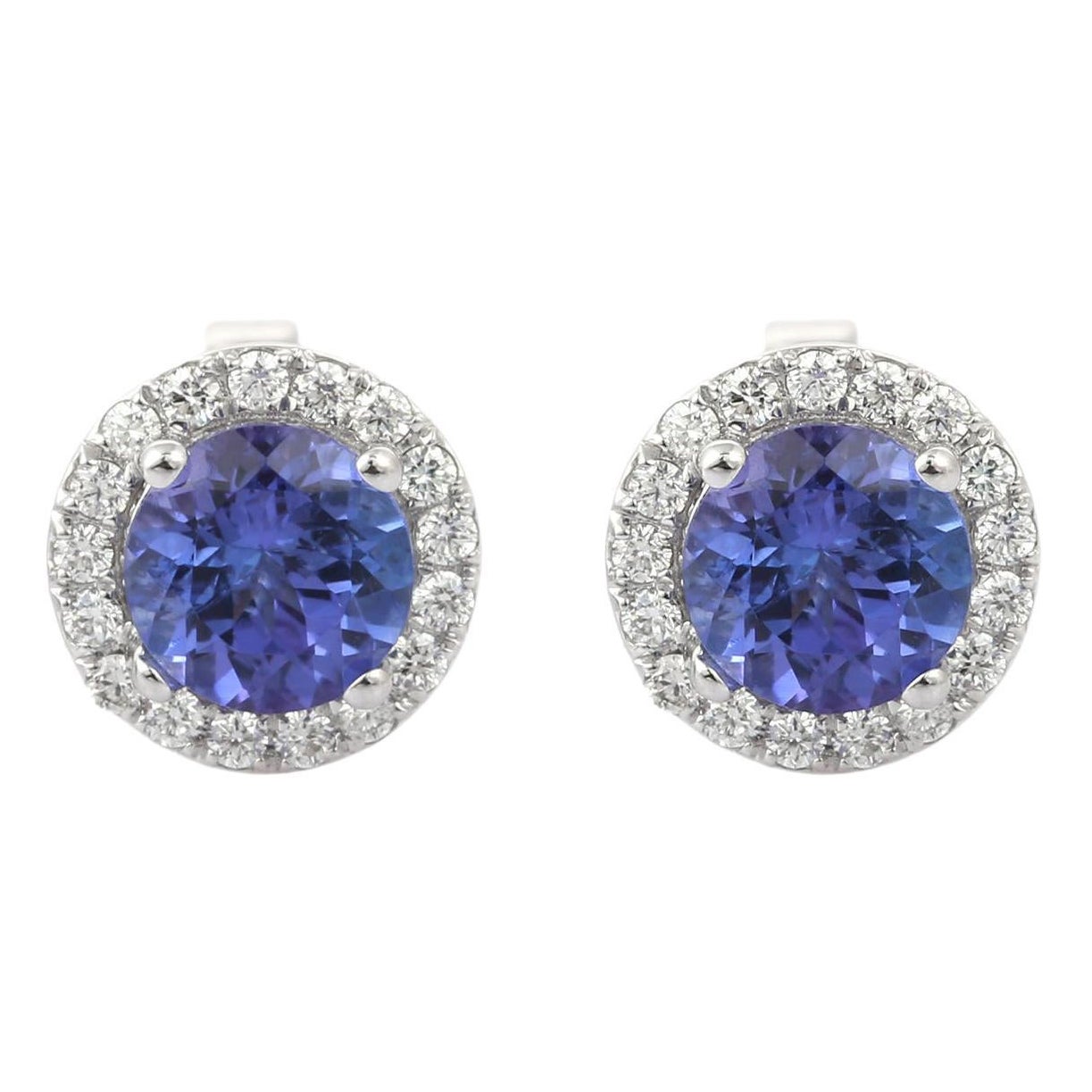Perfect Blue 1.75 Ct Tanzanite and Diamond Stud Earrings in 18K White Gold For Sale