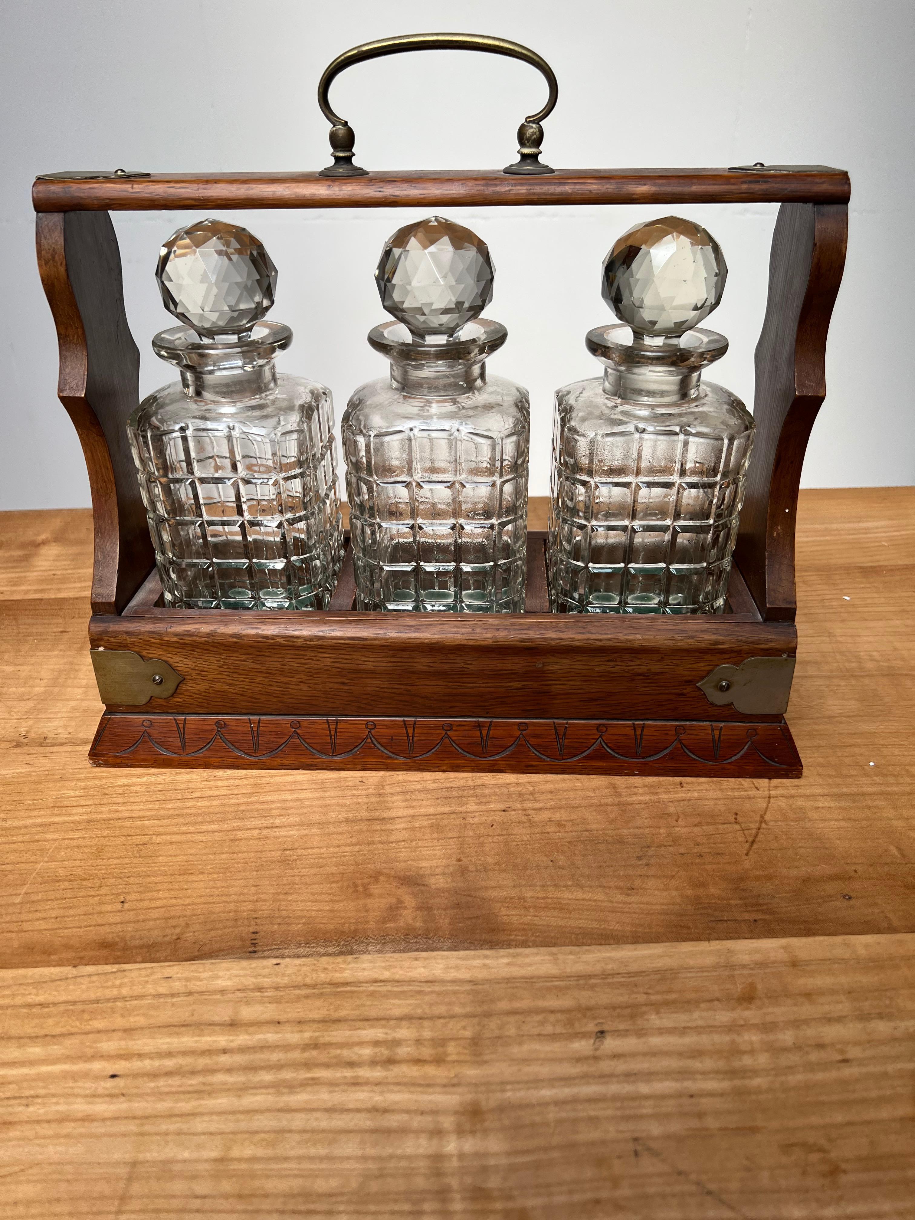 Perfect Carved Oak & Brass Tantalus with Whiskey or Liqueur Crystal Decanters 4