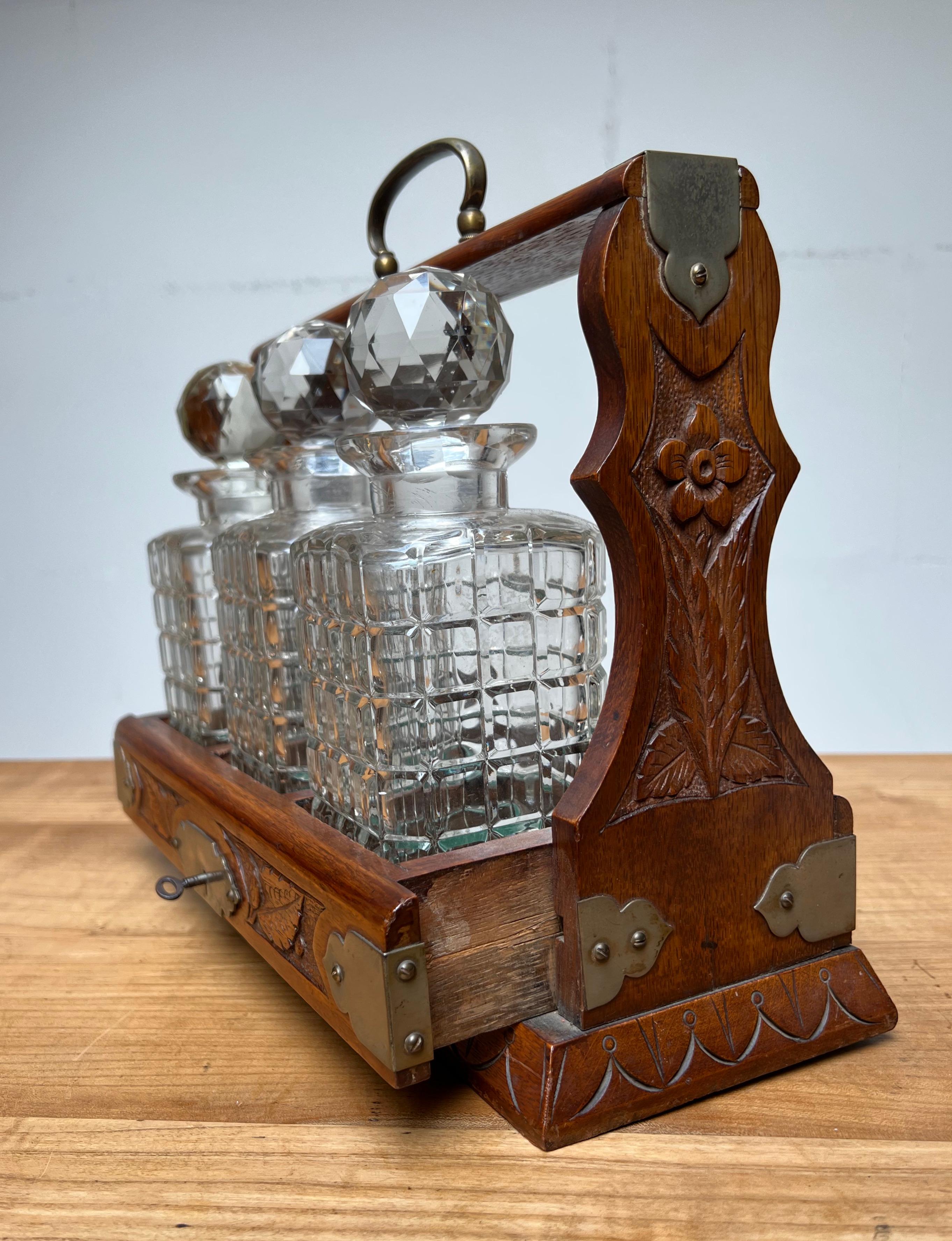Perfect Carved Oak & Brass Tantalus with Whiskey or Liqueur Crystal Decanters 5