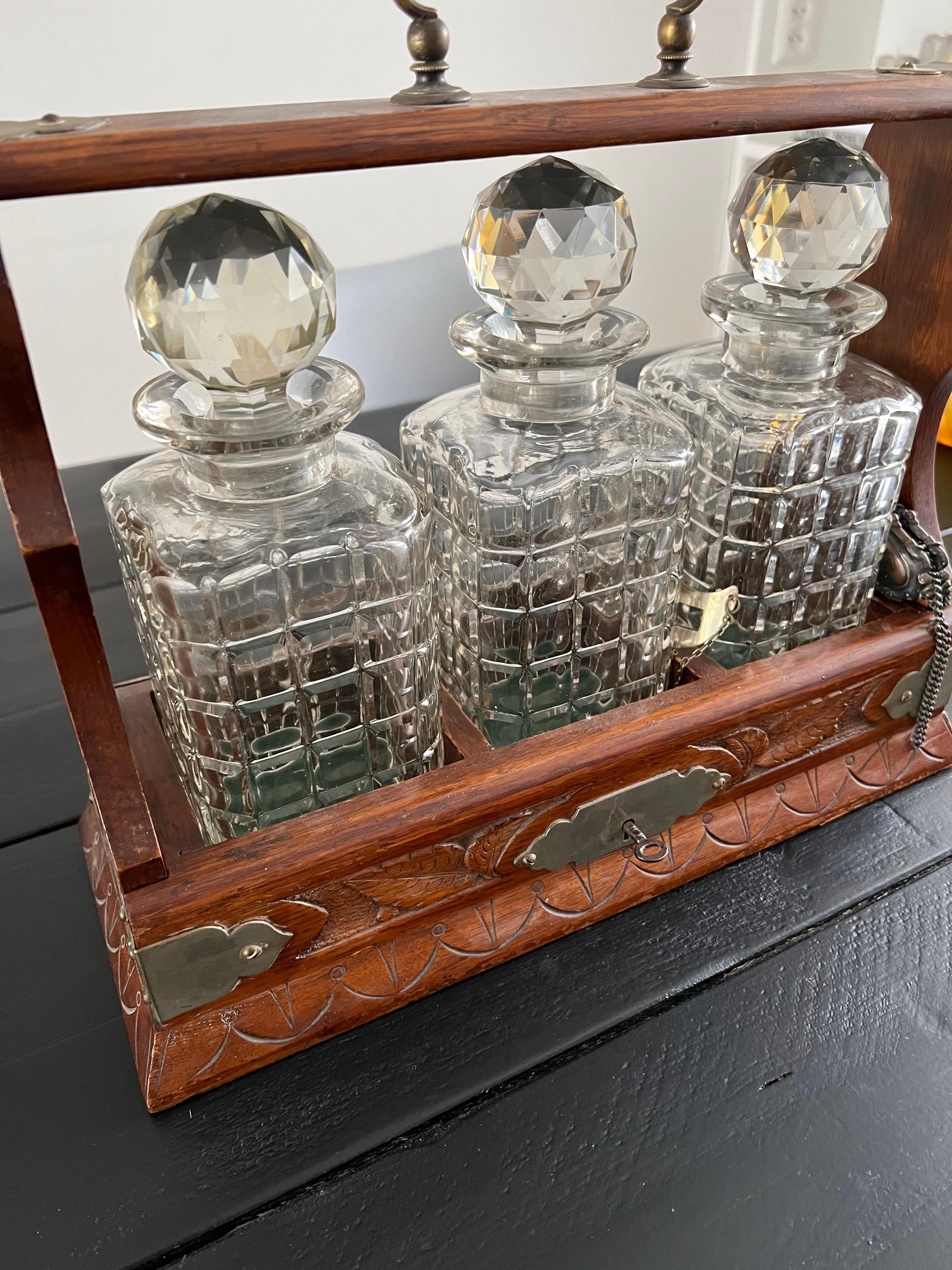 Edwardian Perfect Carved Oak & Brass Tantalus with Whiskey or Liqueur Crystal Decanters