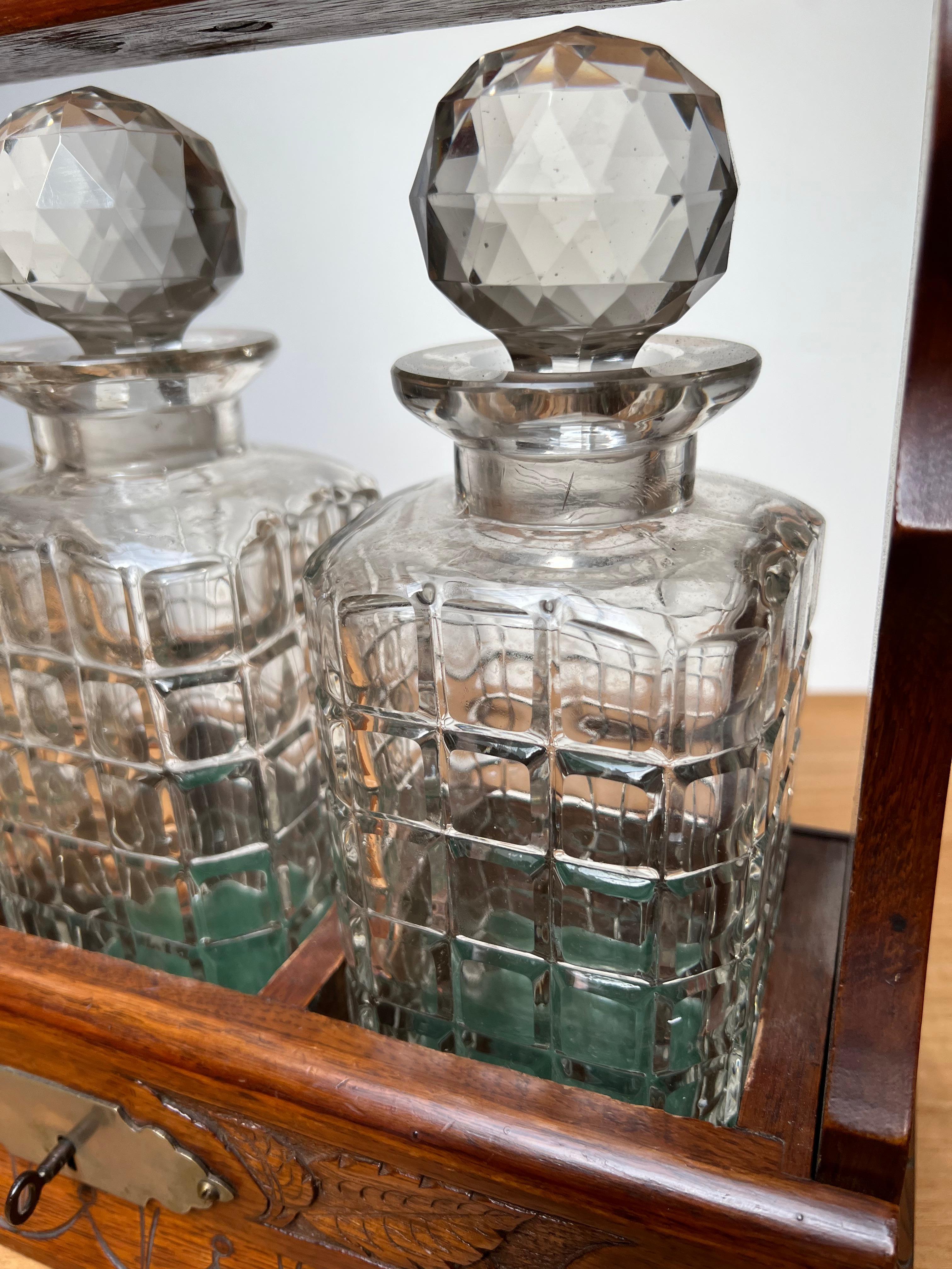 20th Century Perfect Carved Oak & Brass Tantalus with Whiskey or Liqueur Crystal Decanters