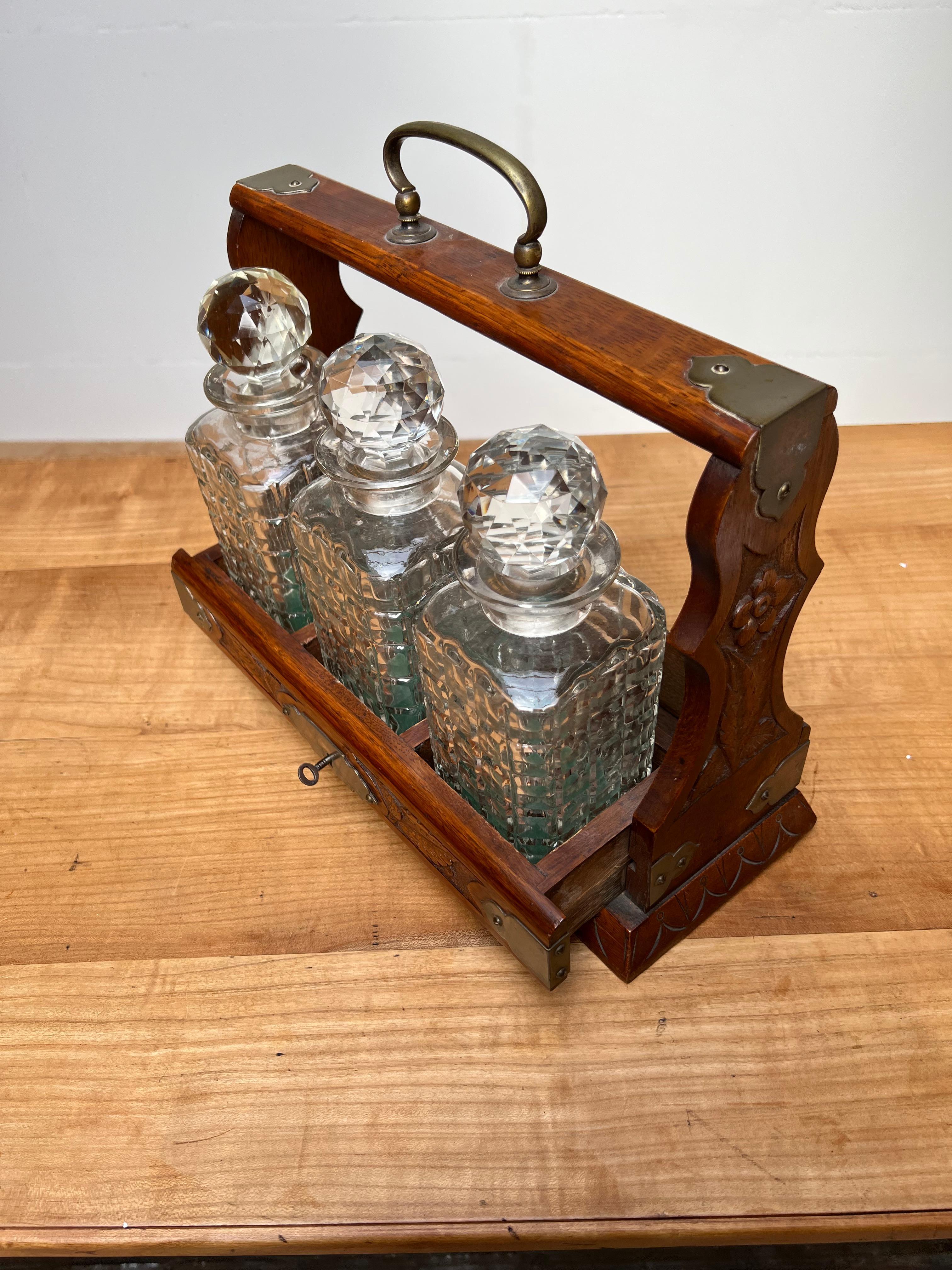 Perfect Carved Oak & Brass Tantalus with Whiskey or Liqueur Crystal Decanters 1