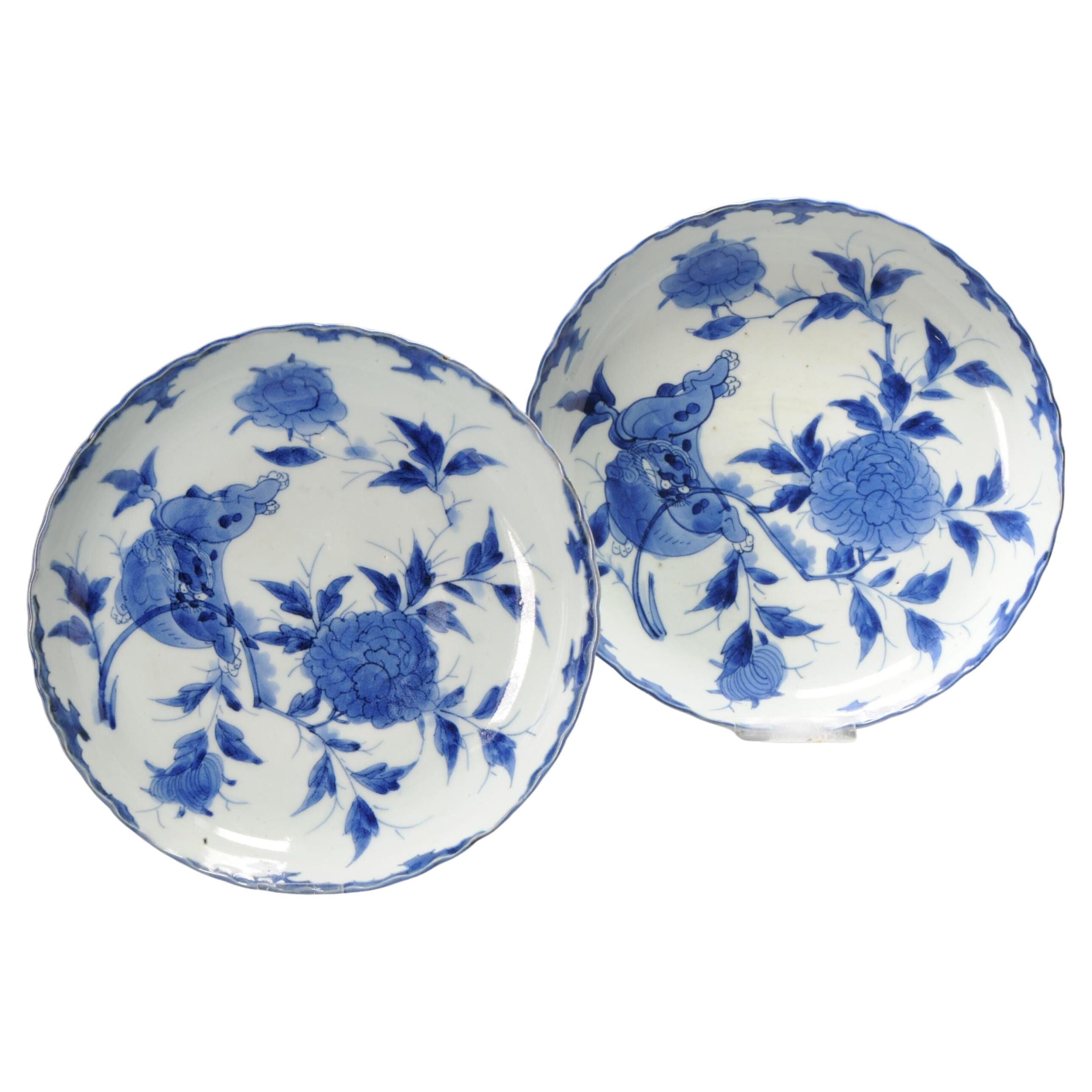 Perfect Condition Pair Antique Japanese Arita Porcelain Dishes Shishi