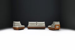 Perfect Elm wooden lounge set in bouclé by Maison Regain France 1970s