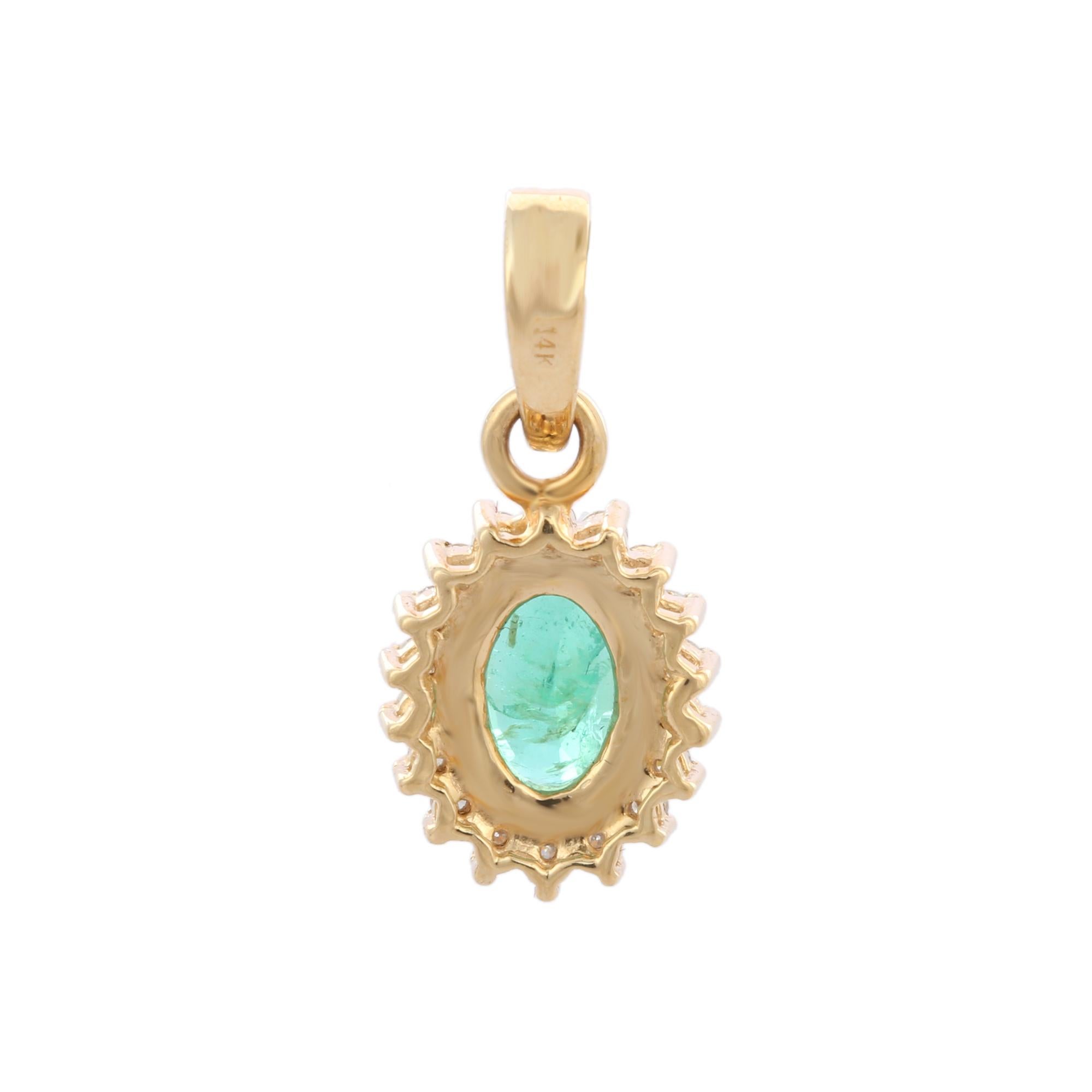 Oval Cut Basic Emerald and Halo Diamond Pendant in 14K Yellow Gold For Sale