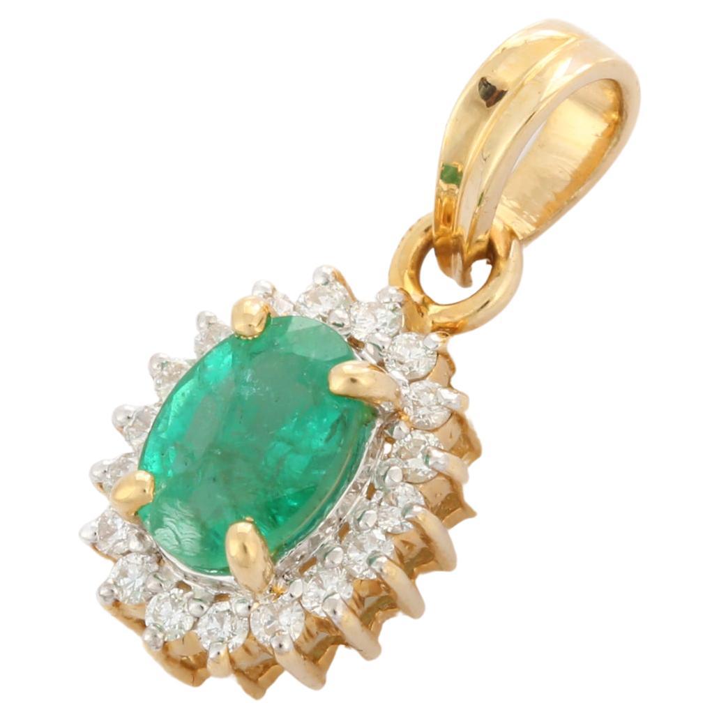 Basic Emerald and Halo Diamond Pendant in 14K Yellow Gold For Sale