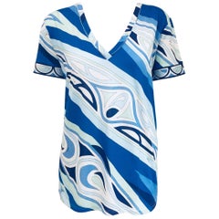 Perfect Emilio Pucci Blue & White Cotton Short Sleeve Top