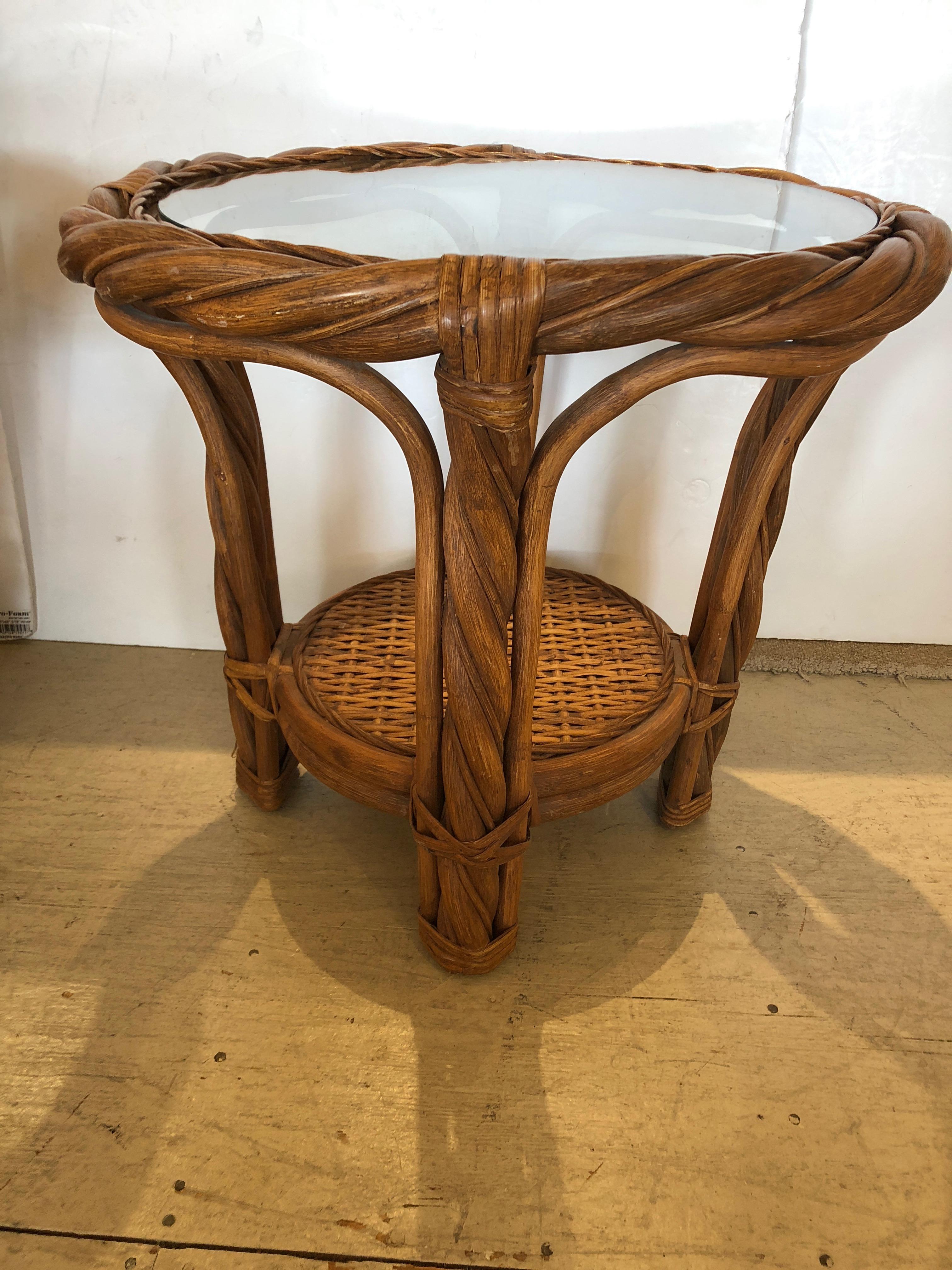 American Perfect for the Hamptons Pair of Round Rattan Bamboo and Wicker Side End Tables