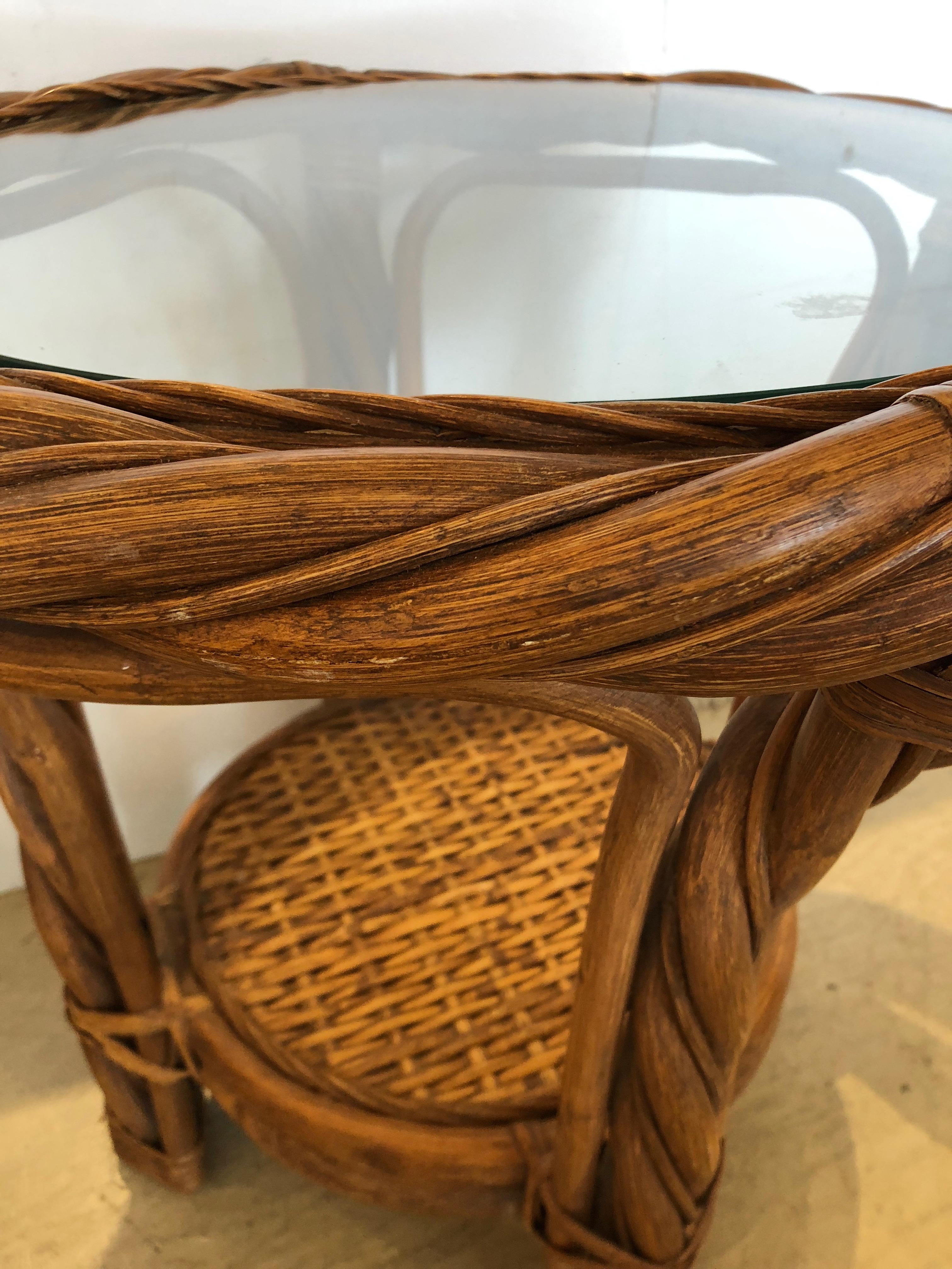 Mid-20th Century Perfect for the Hamptons Pair of Round Rattan Bamboo and Wicker Side End Tables