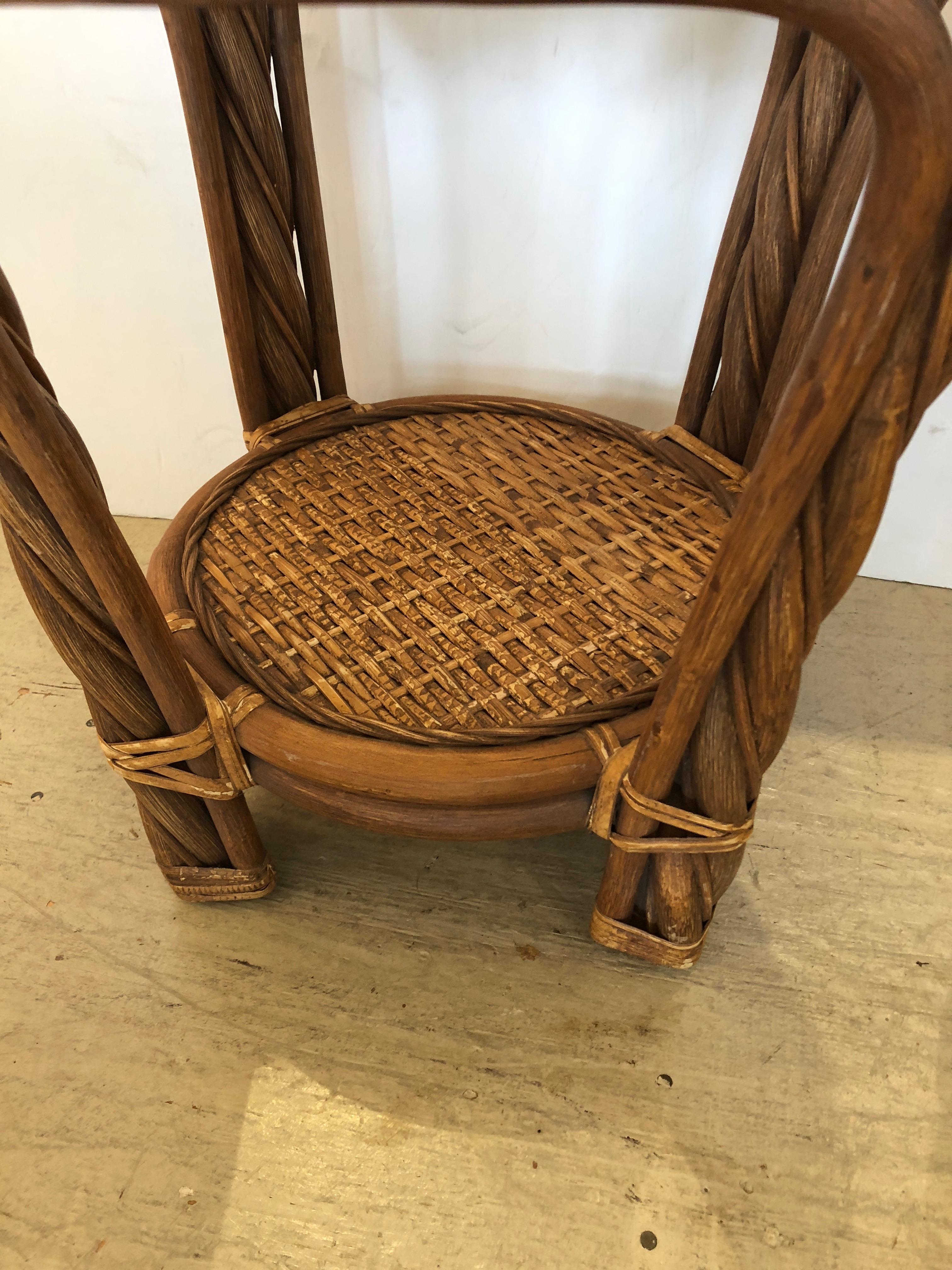 Perfect for the Hamptons Pair of Round Rattan Bamboo and Wicker Side End Tables 1