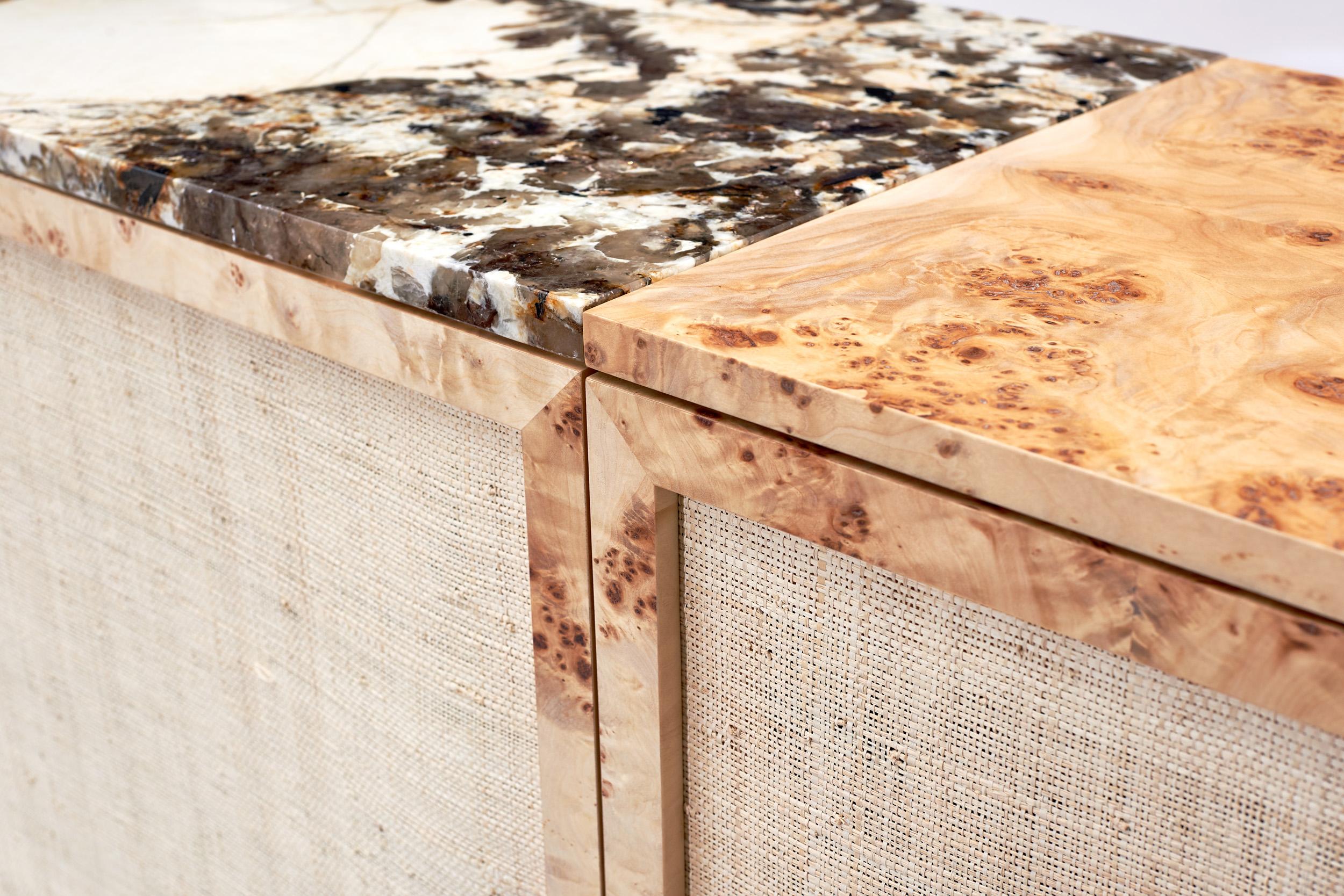 Minimalist Perfect Match Sideboard / Buffet in exotic poplar root wood, straw and marble For Sale
