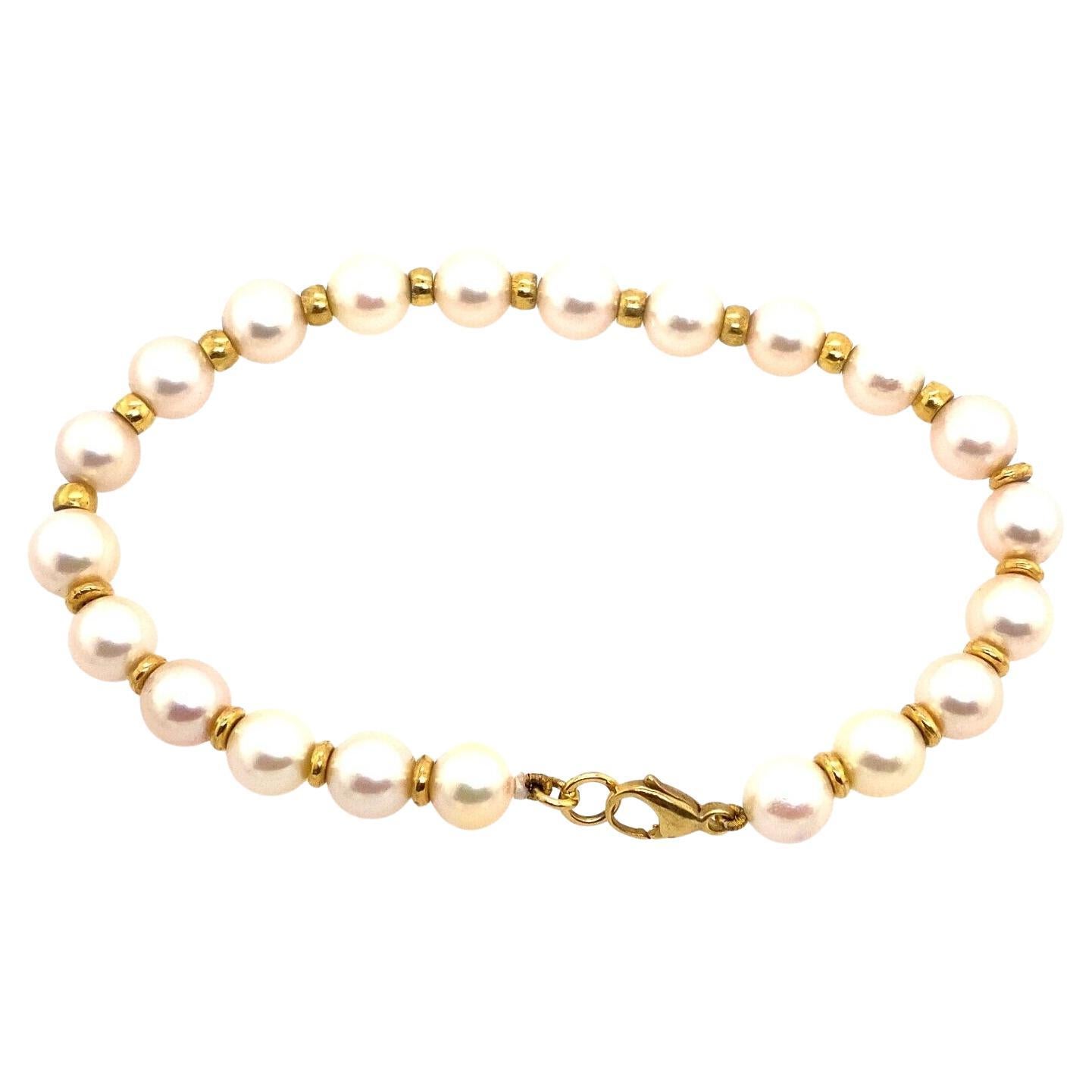 Perfect Matching 7mm Cultured Pearl Bracelet with 9ct Gold Beads in Between For Sale