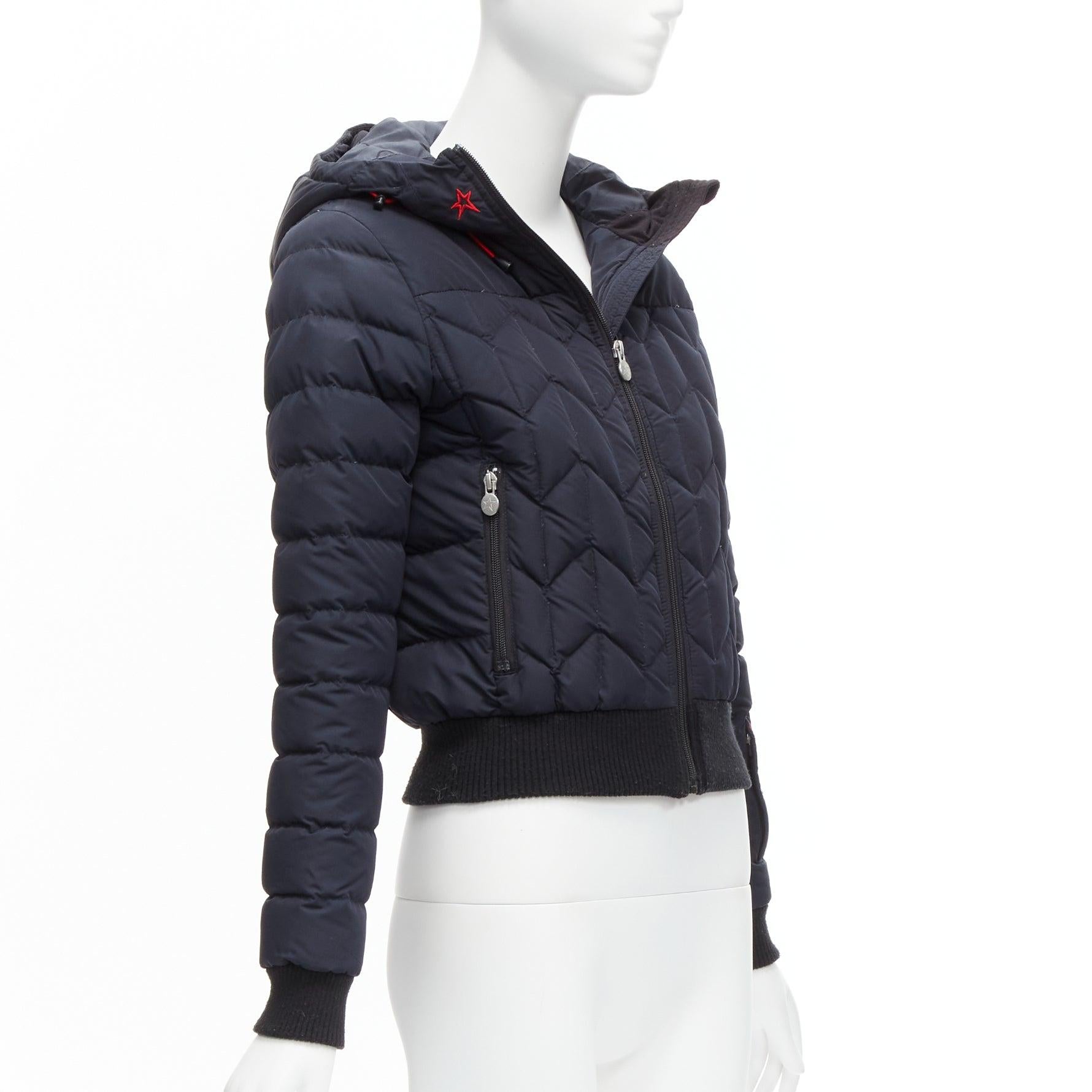 Women's PERFECT MOMENT red logo navy blue chevron quilted hooded puffer jacket XS