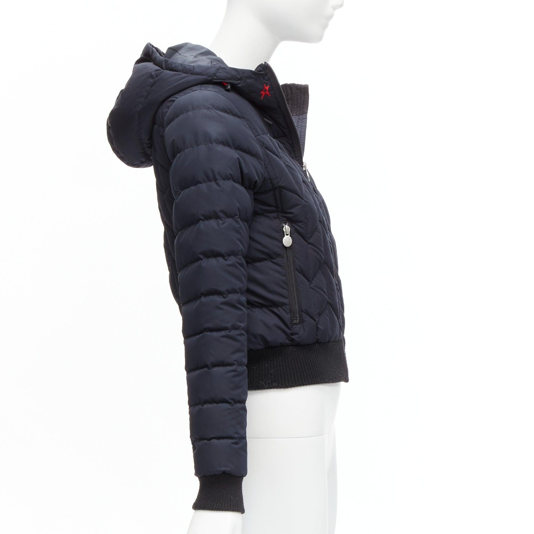 PERFECT MOMENT red logo navy blue chevron quilted hooded puffer jacket XS 1