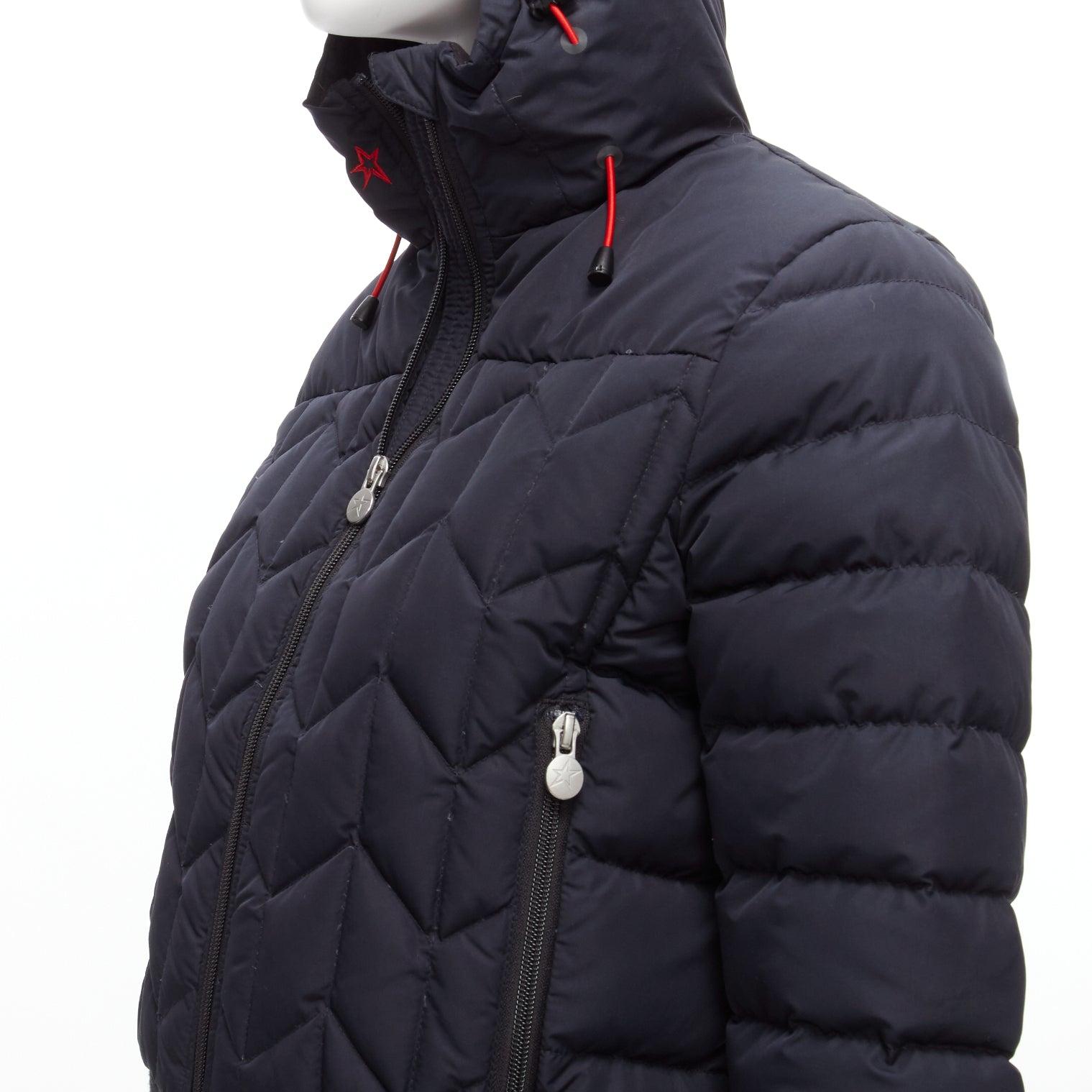 PERFECT MOMENT red logo navy blue chevron quilted hooded puffer jacket XS 4