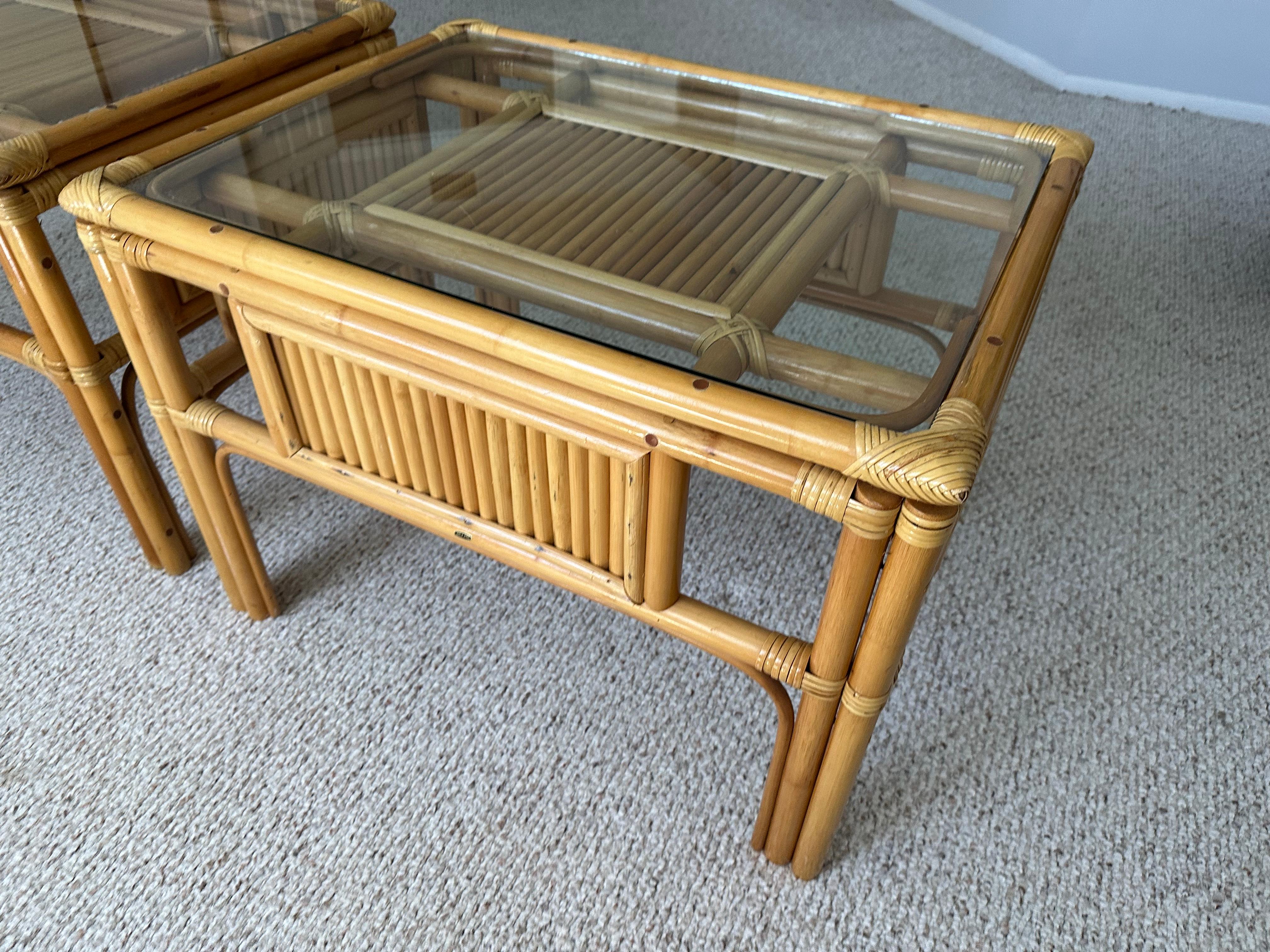 Perfect Pair, Coastal Rattan Side Tables In Good Condition In Jupiter, FL