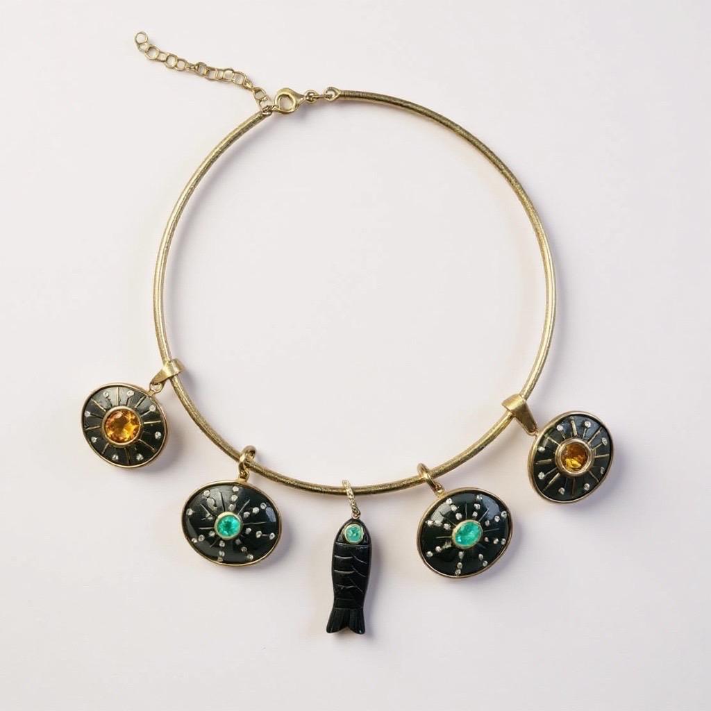 Perfect Poisson Carved Black Onyx Fish Pendant with Emerald 
Diamonds, 14k Gold For Sale