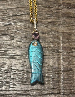 Perfect Poisson Labradorite Fish Pendant with Diamonds and Pink Spinel