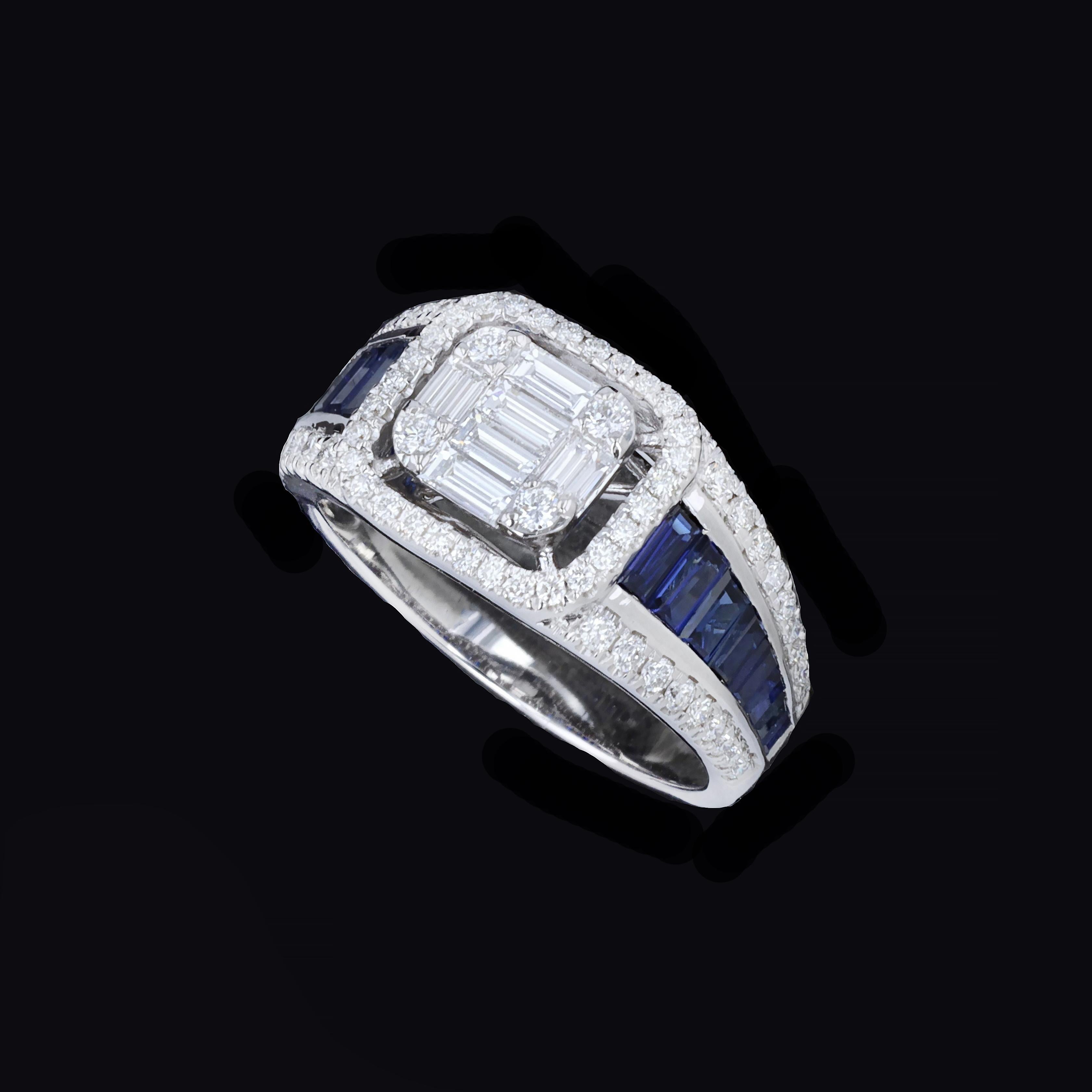 Truly a cut above with mesmerizing dazzle. This exquisite 14K white gold sapphire and diamond ring is artisan crafted sophistication. 

The ring contains 8 baguette diamonds weighing 0.95 TWT ctw at the center, 16 various shaped sapphires weighing
