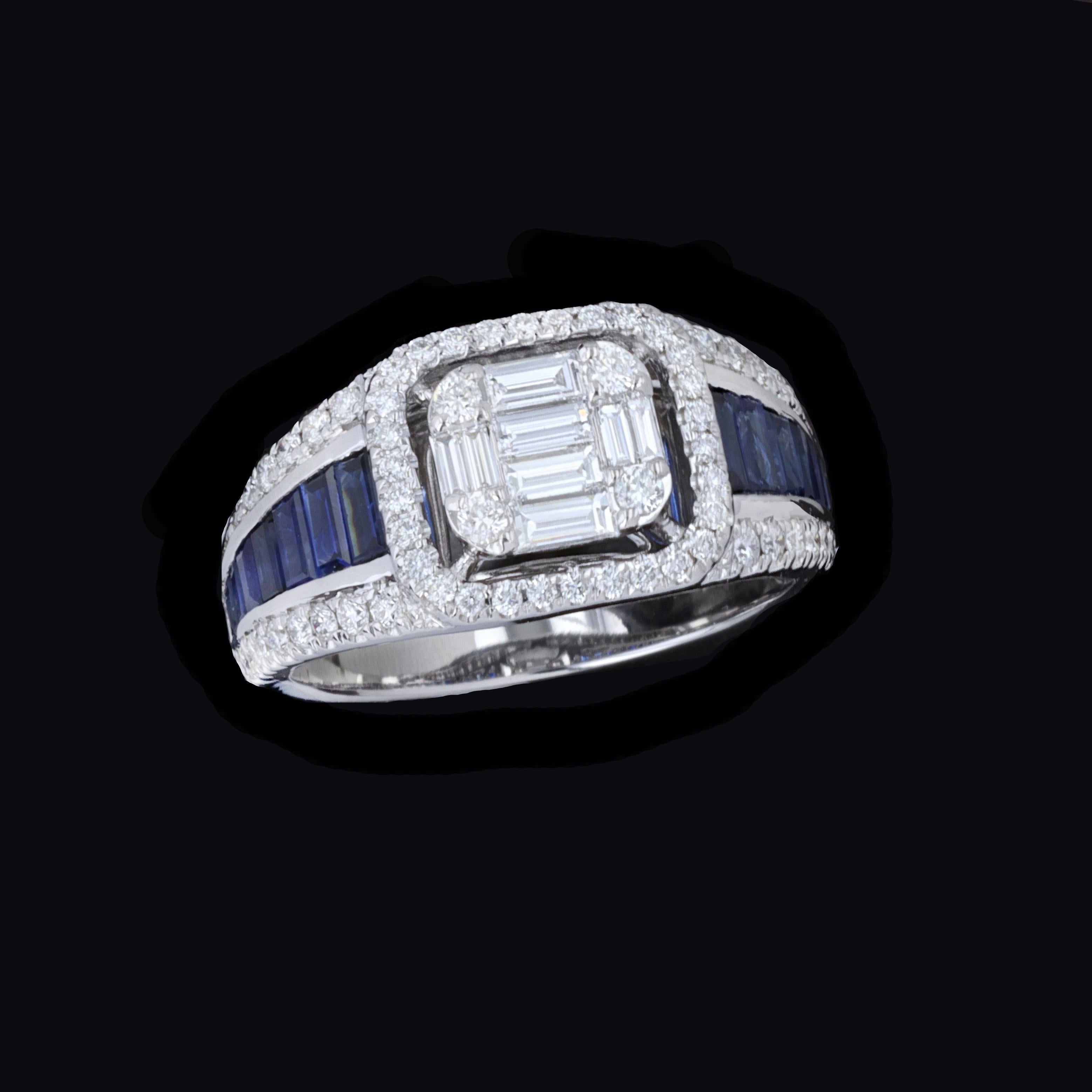 Art Deco Perfect & Precise 14K White Gold Sapphire Diamond Ring For Sale