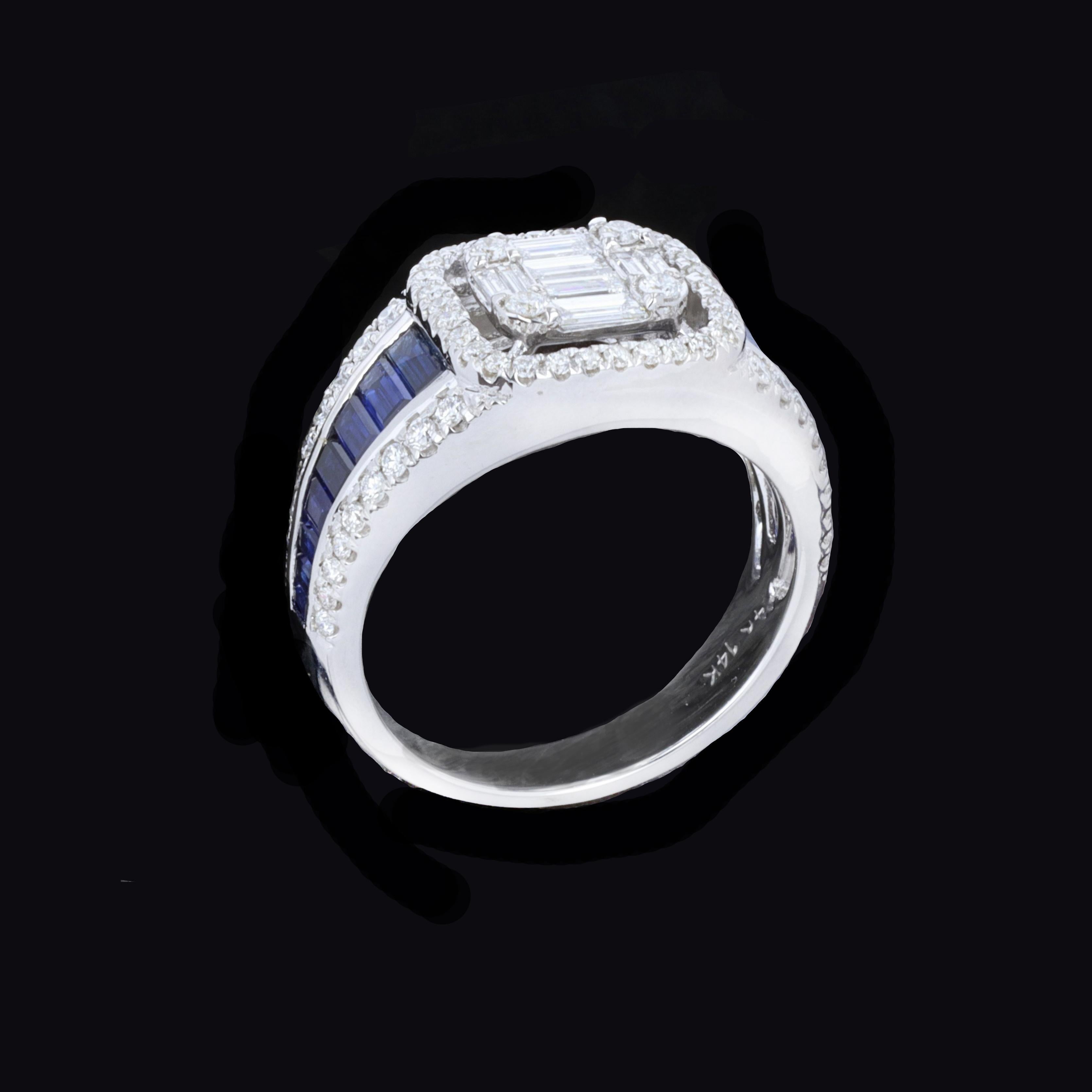 Mixed Cut Perfect & Precise 14K White Gold Sapphire Diamond Ring For Sale