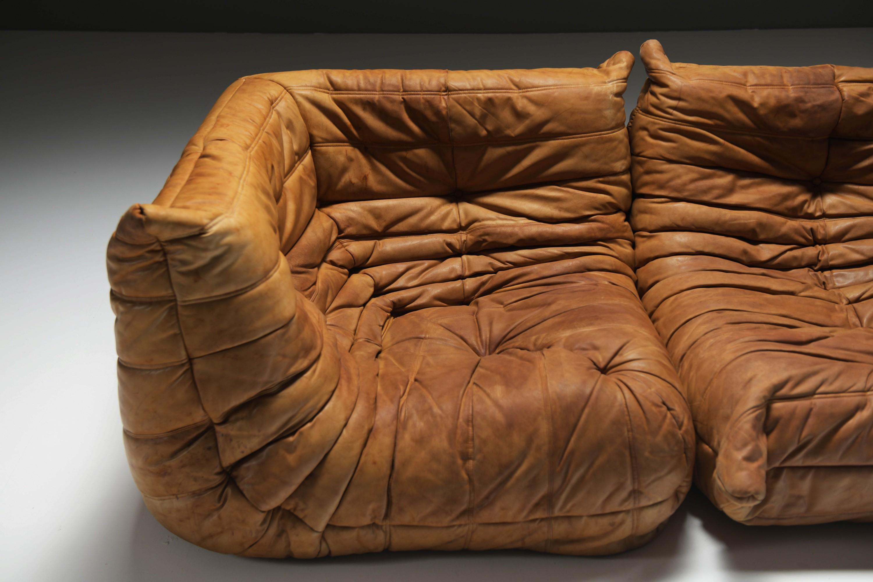 Perfect rich patinated Togo in original leather by Michel Ducaroy - Ligne Roset For Sale 7