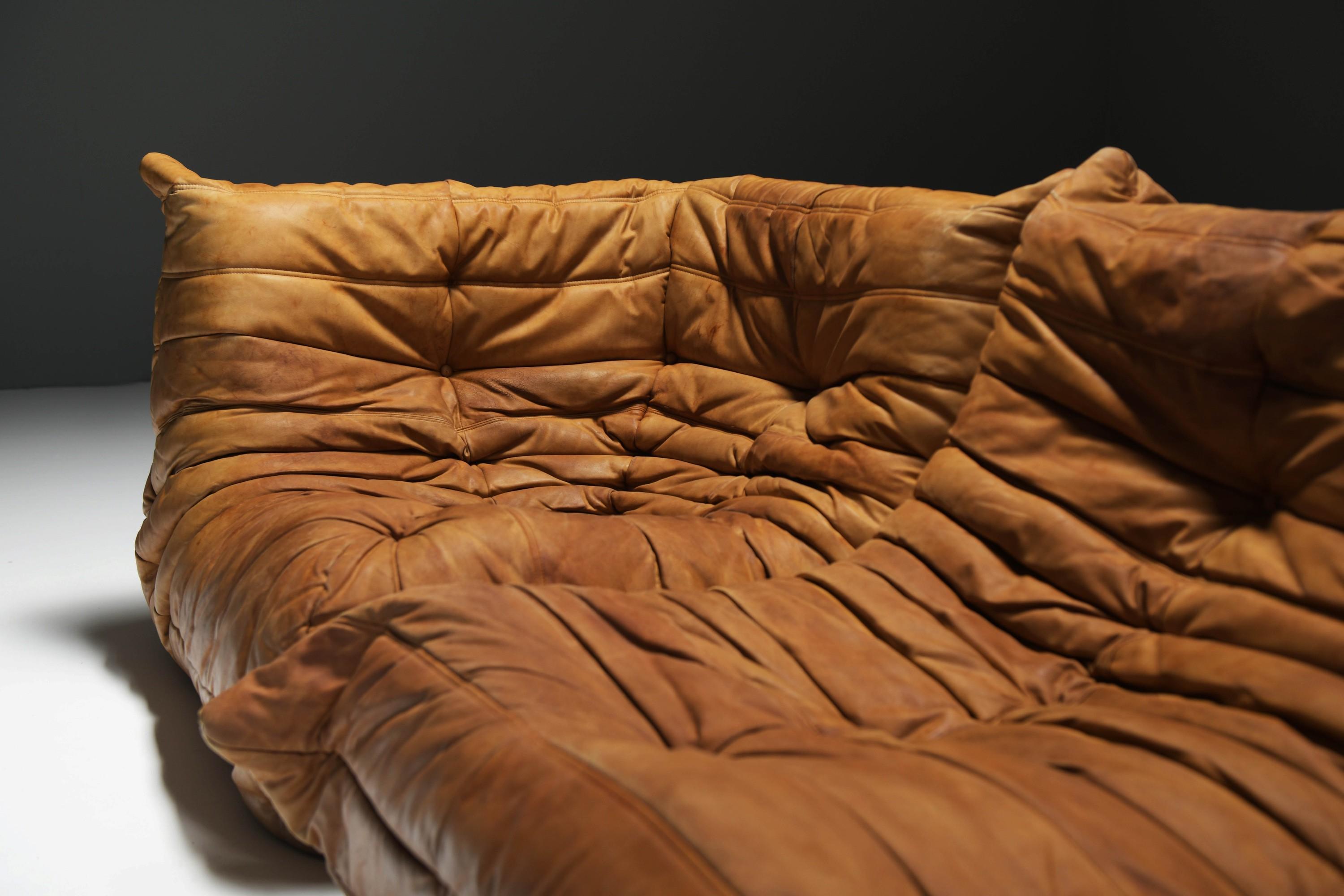 Perfect rich patinated Togo in original leather by Michel Ducaroy - Ligne Roset For Sale 8