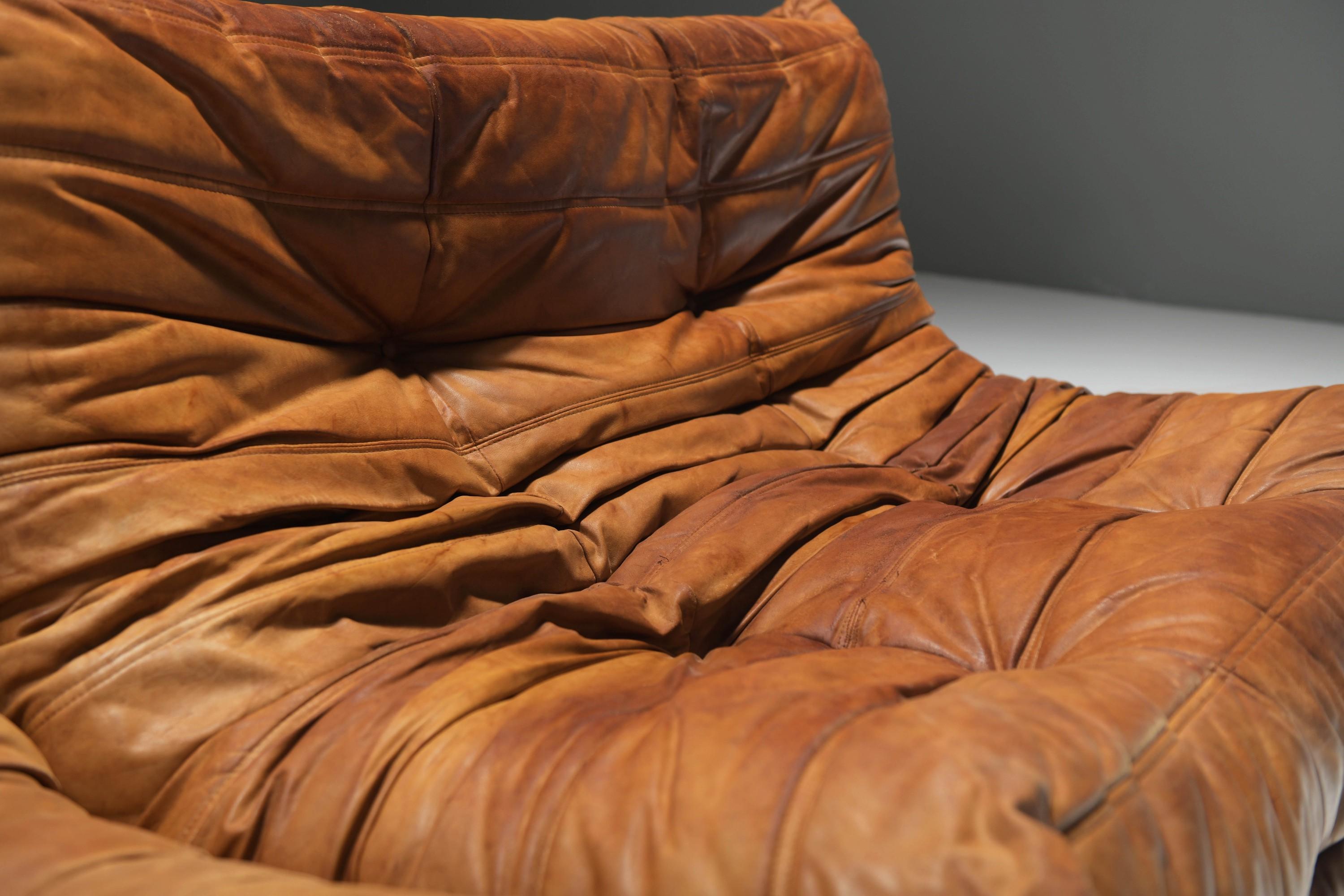 Perfect rich patinated Togo in original leather by Michel Ducaroy - Ligne Roset For Sale 2