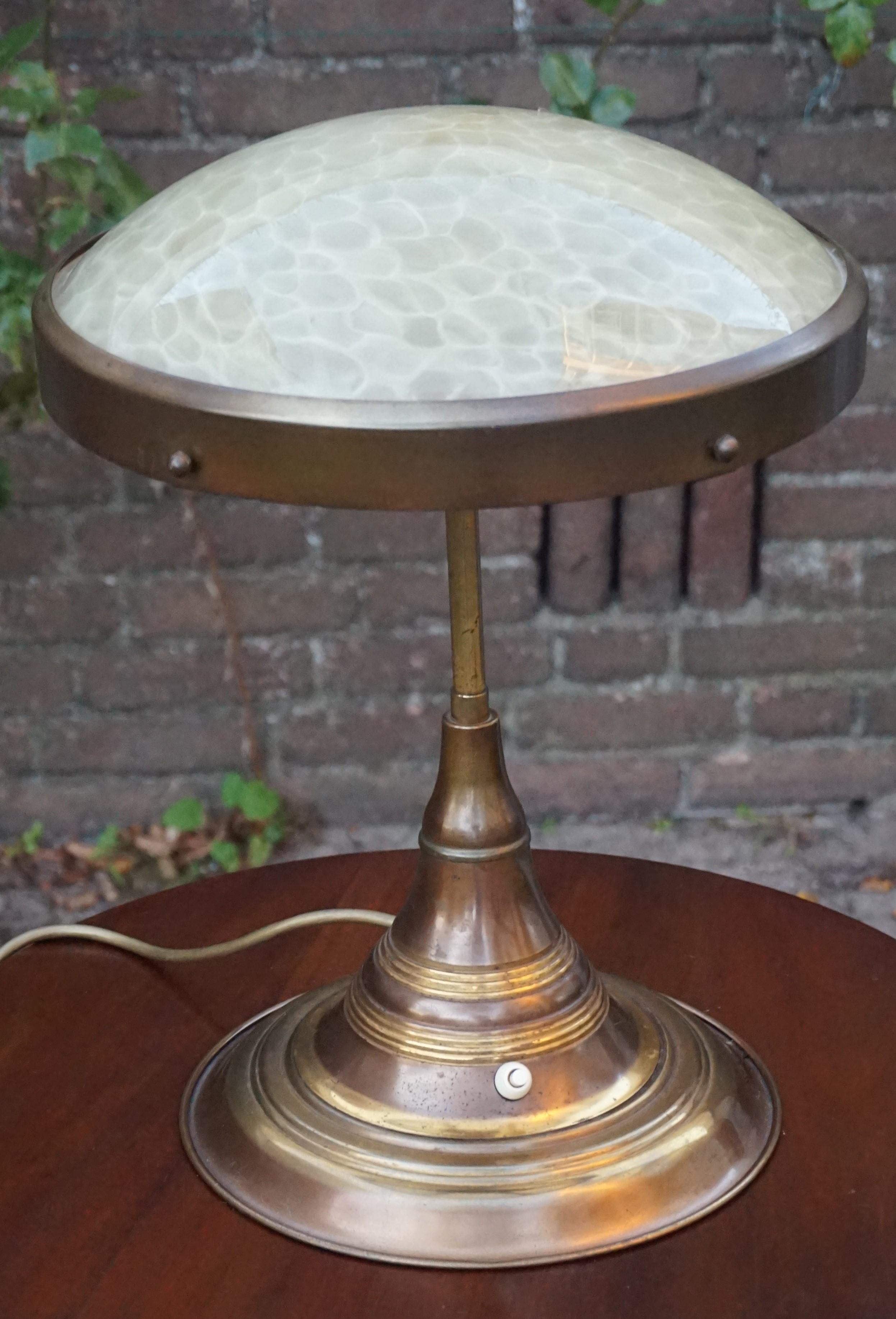 Perfect Size and Shape Art Deco Brass Table or Desk Lamp with Art Glass Shade 5