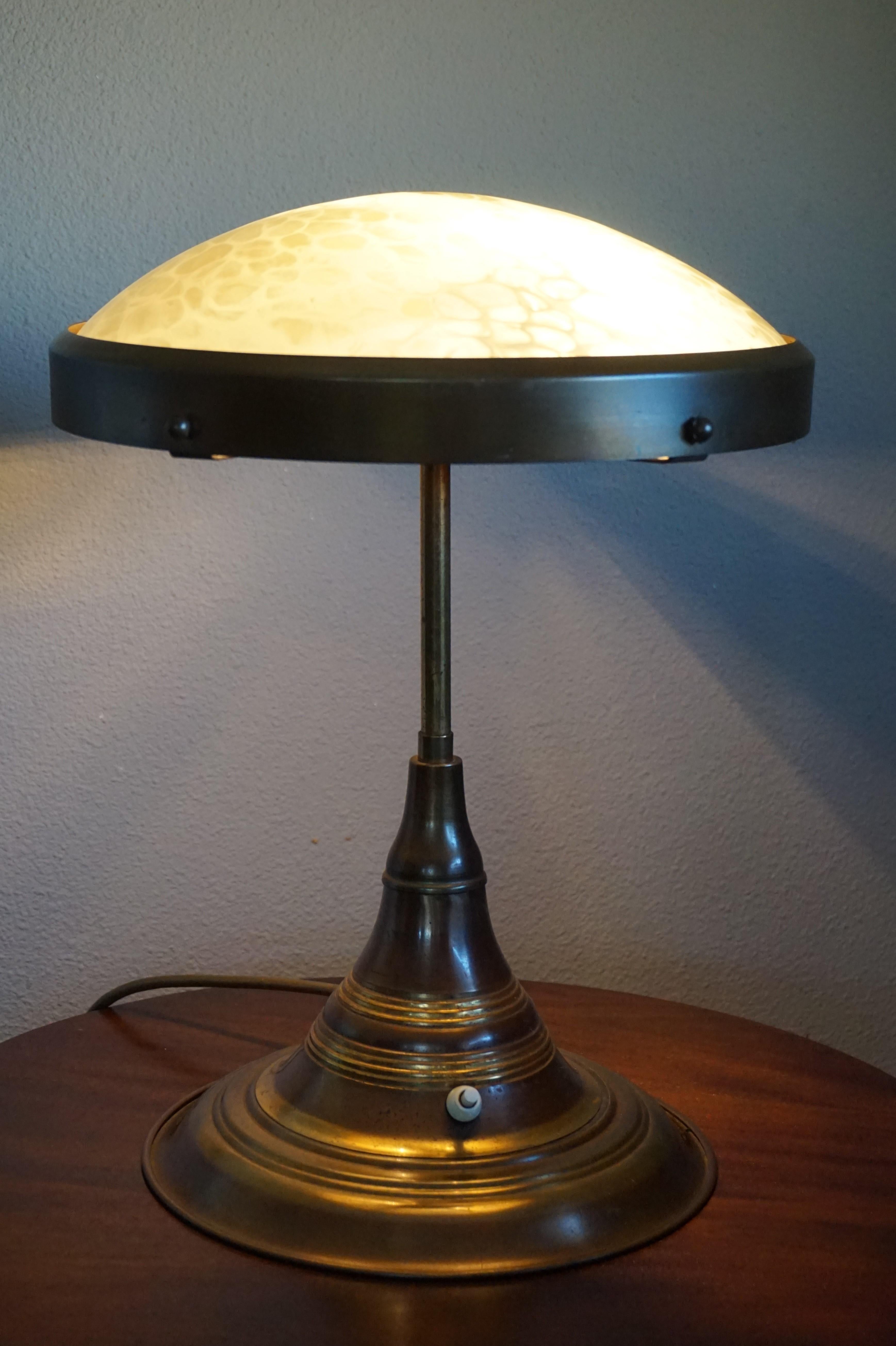 Perfect Size and Shape Art Deco Brass Table or Desk Lamp with Art Glass Shade 7
