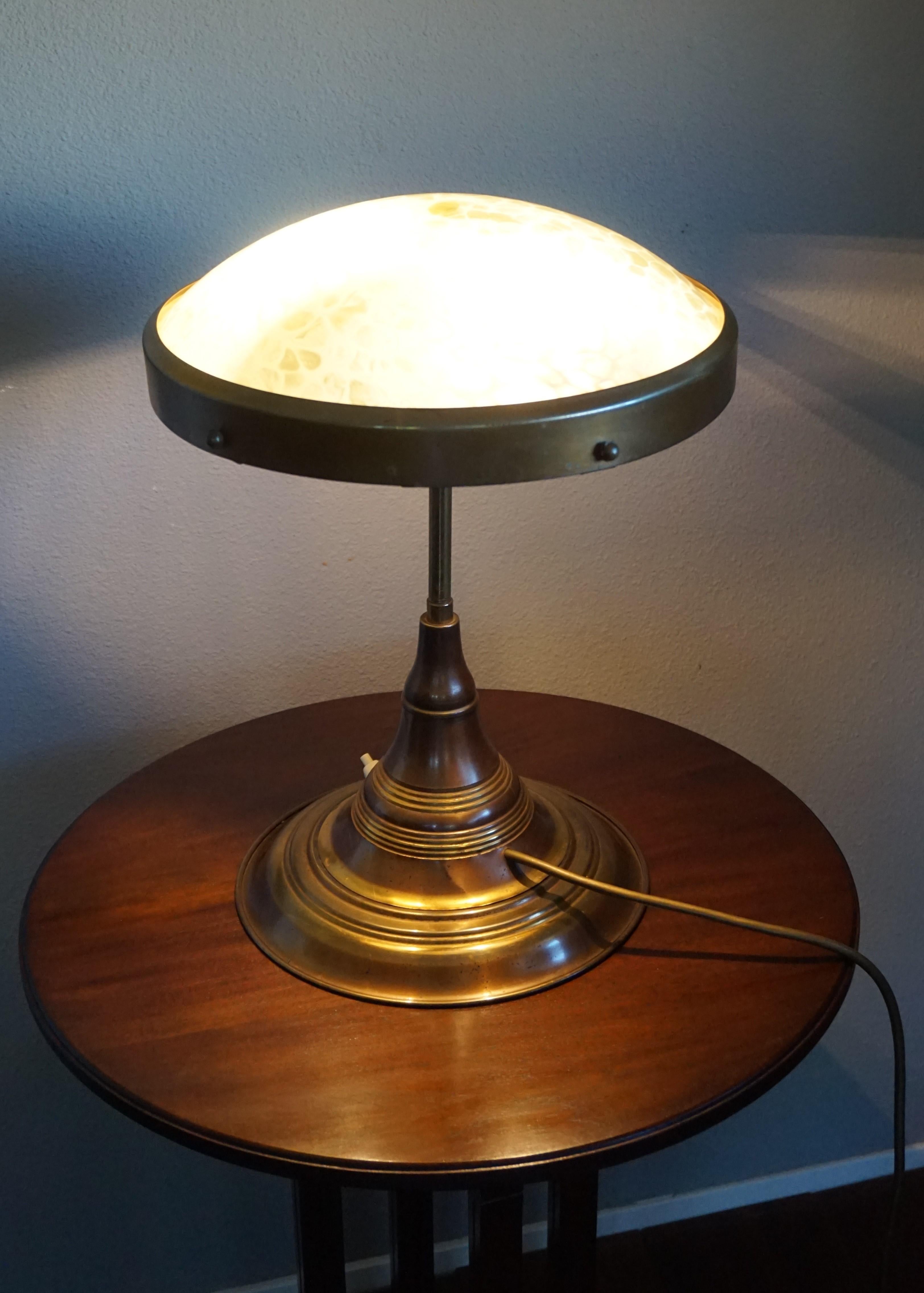 Perfect Size and Shape Art Deco Brass Table or Desk Lamp with Art Glass Shade 9