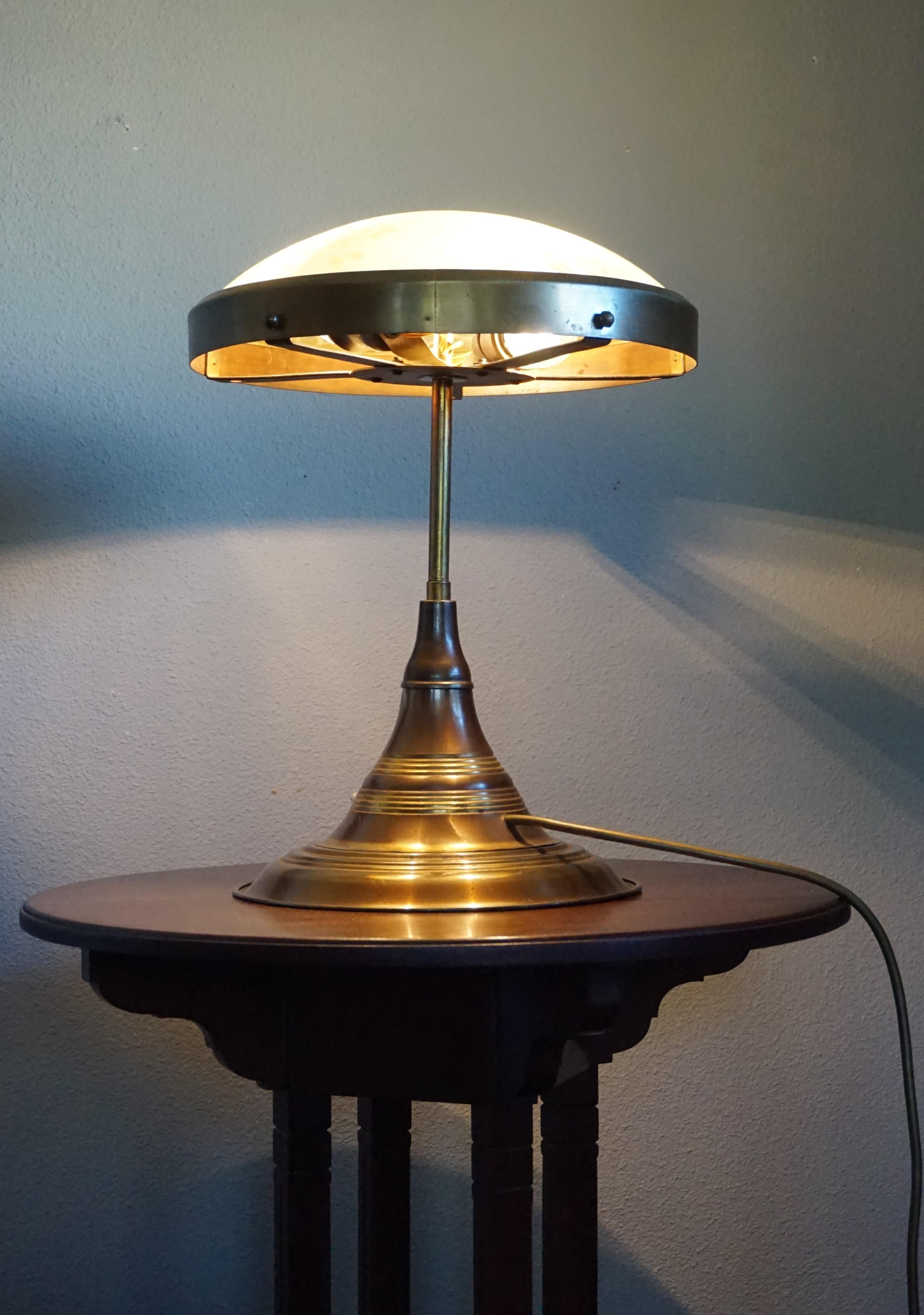 Perfect Size and Shape Art Deco Brass Table or Desk Lamp with Art Glass Shade 10