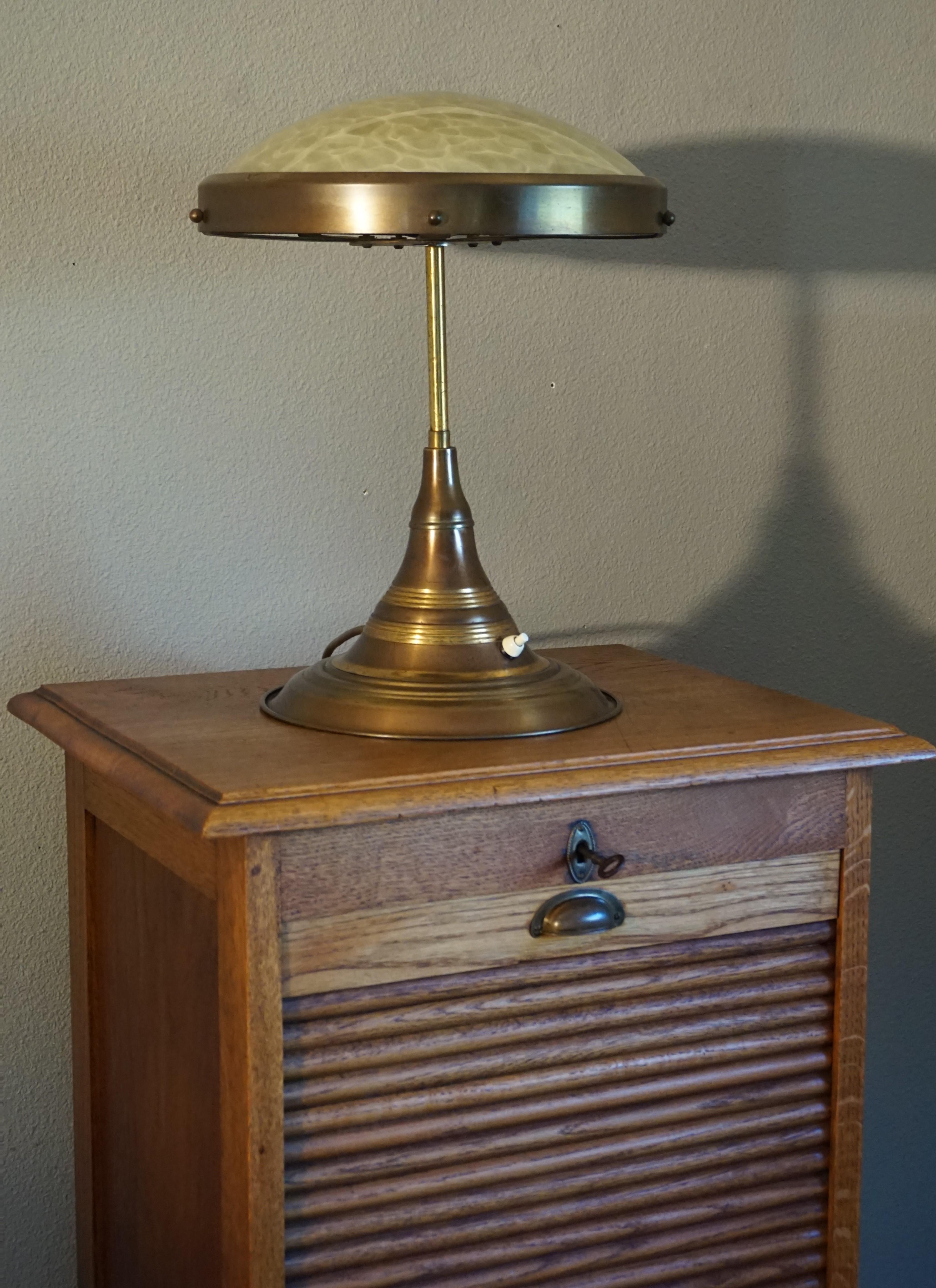 Perfect Size and Shape Art Deco Brass Table or Desk Lamp with Art Glass Shade 11