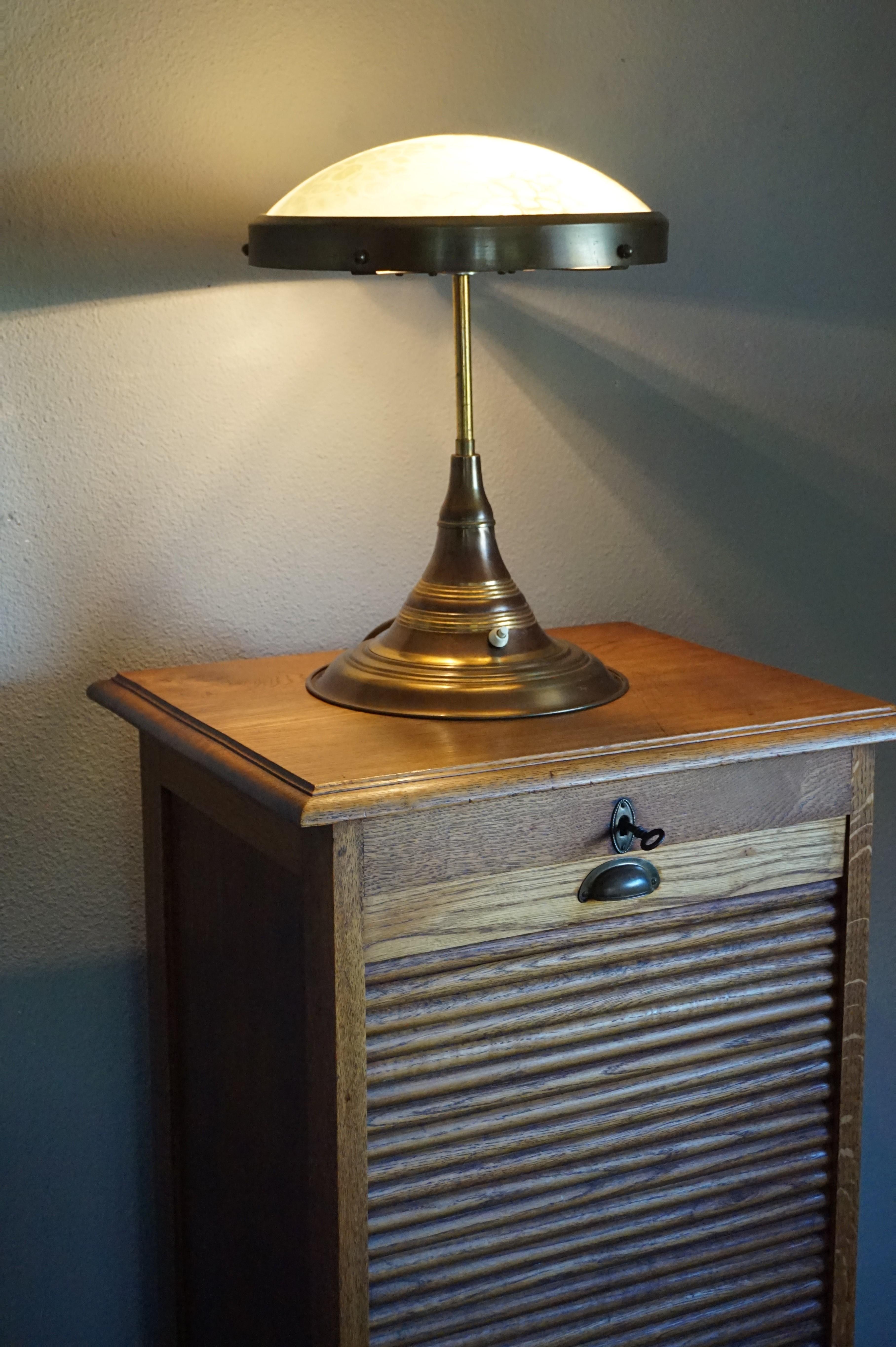 Perfect Size and Shape Art Deco Brass Table or Desk Lamp with Art Glass Shade 12