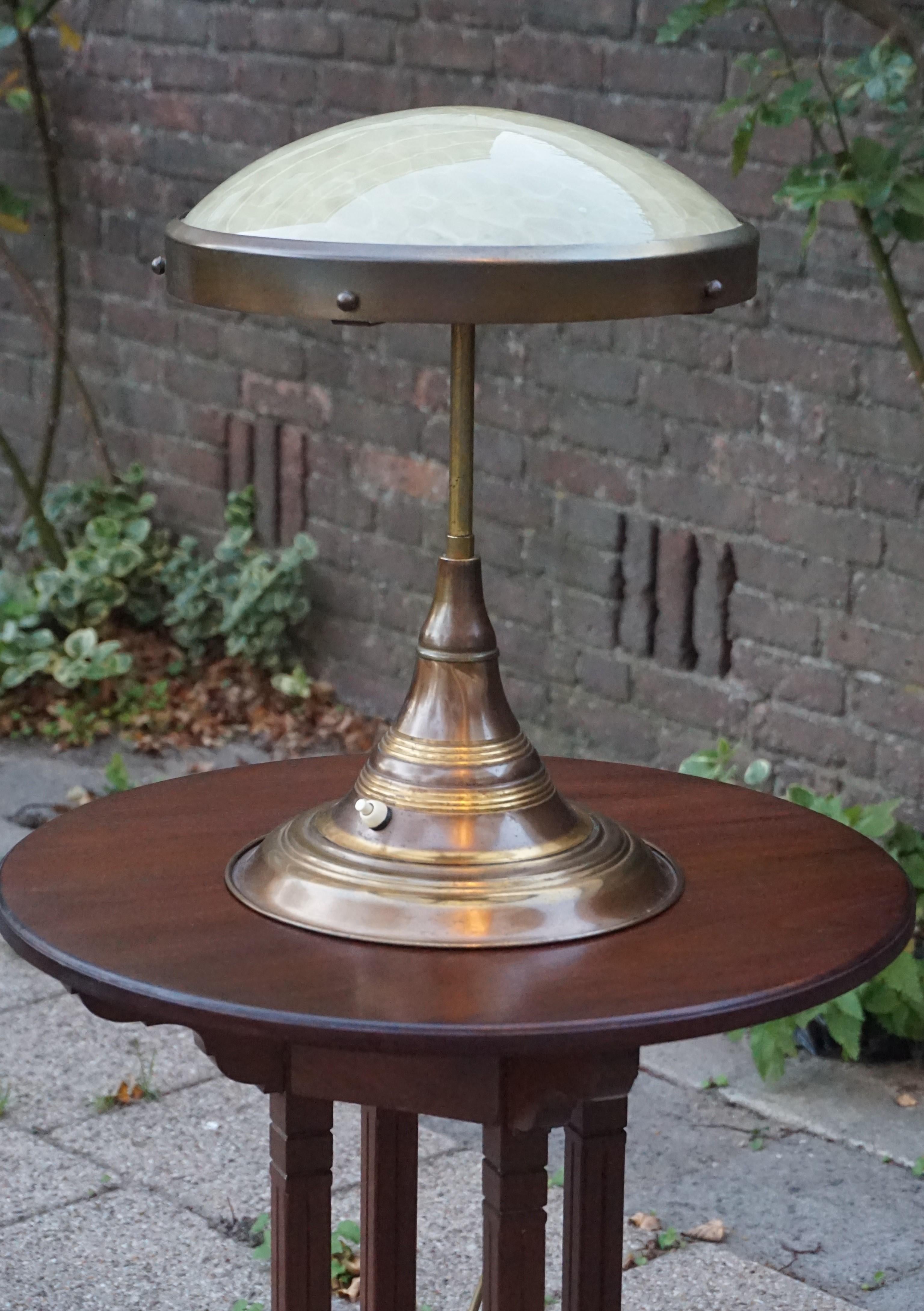 European Perfect Size and Shape Art Deco Brass Table or Desk Lamp with Art Glass Shade