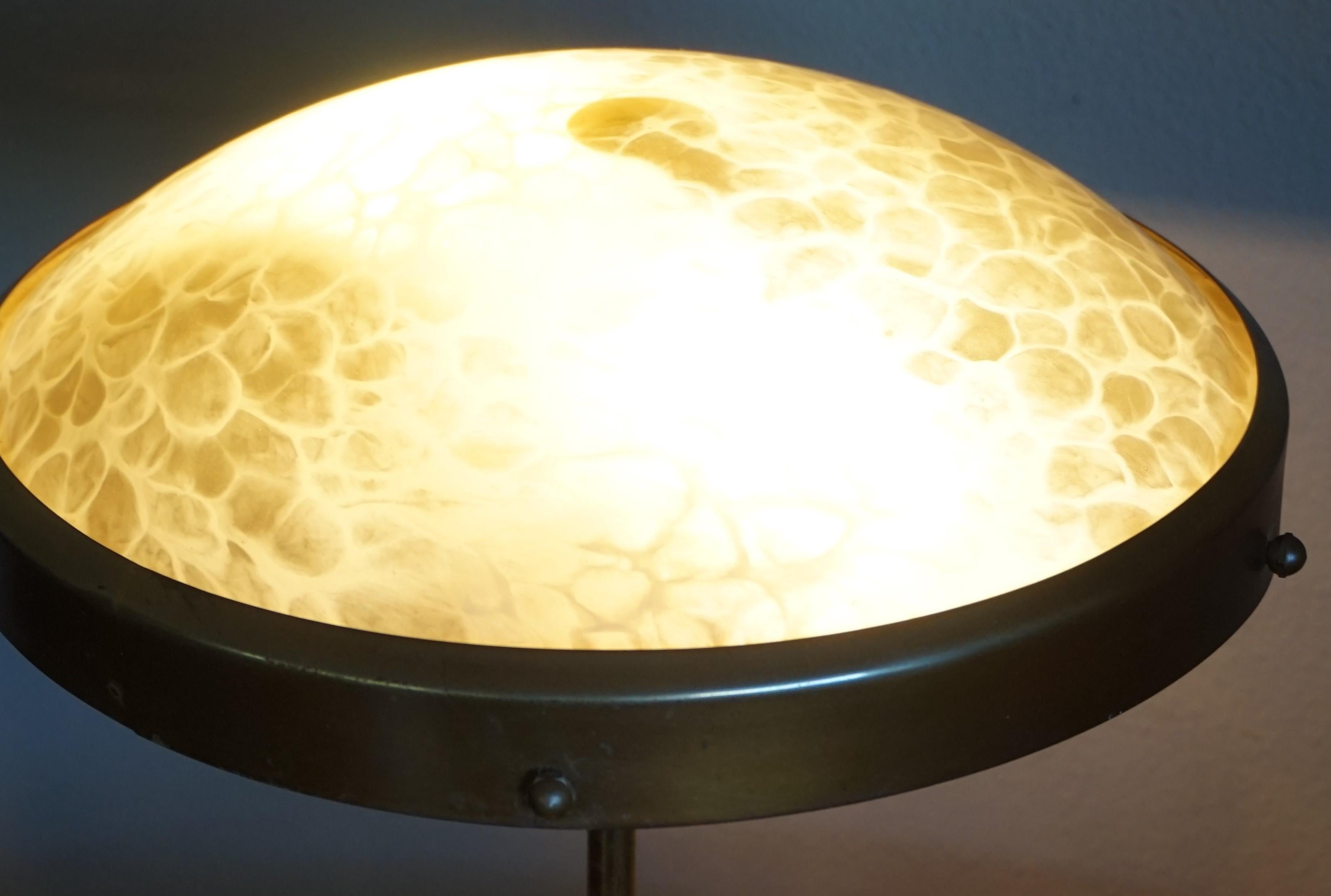Hand-Crafted Perfect Size and Shape Art Deco Brass Table or Desk Lamp with Art Glass Shade