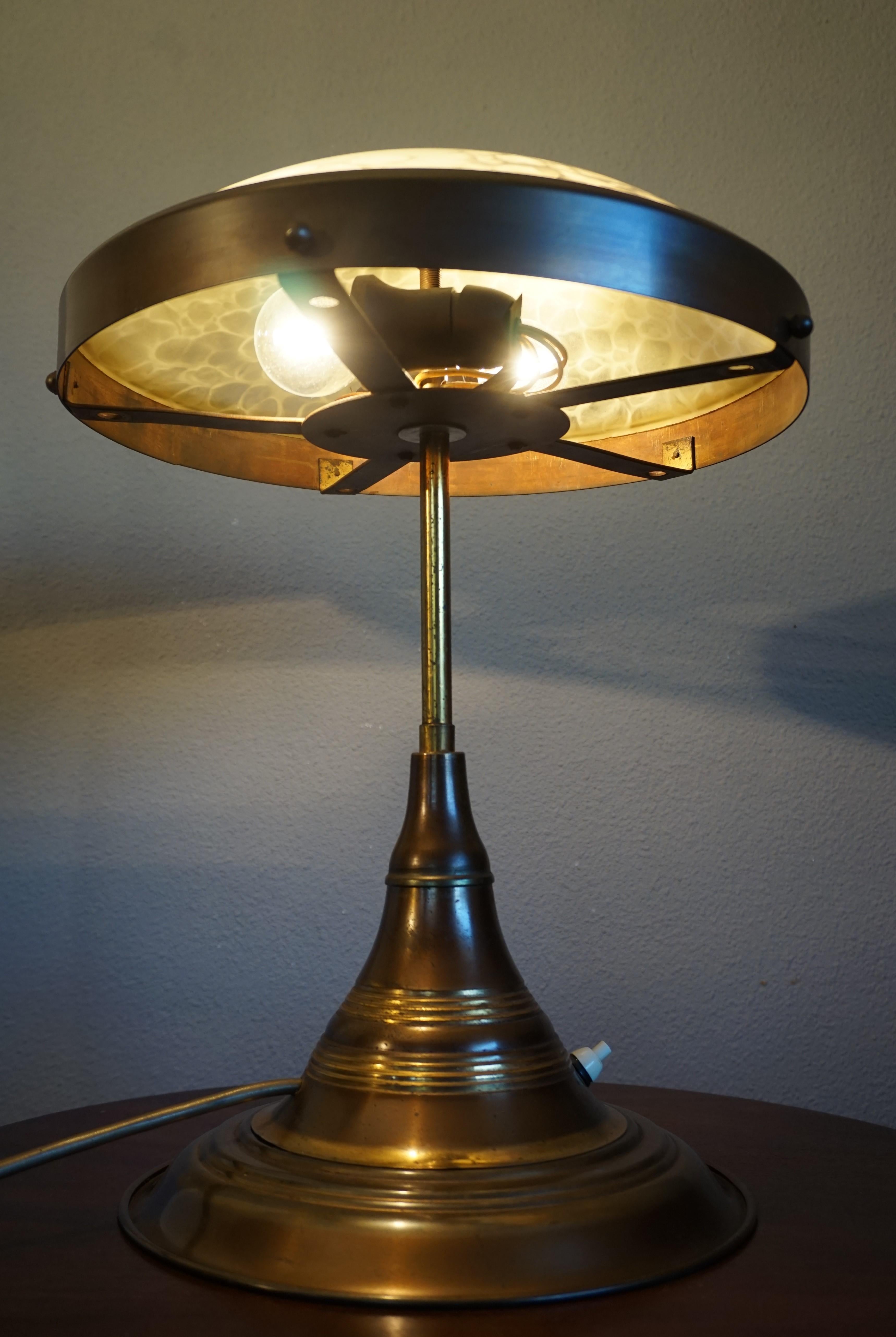 20th Century Perfect Size and Shape Art Deco Brass Table or Desk Lamp with Art Glass Shade